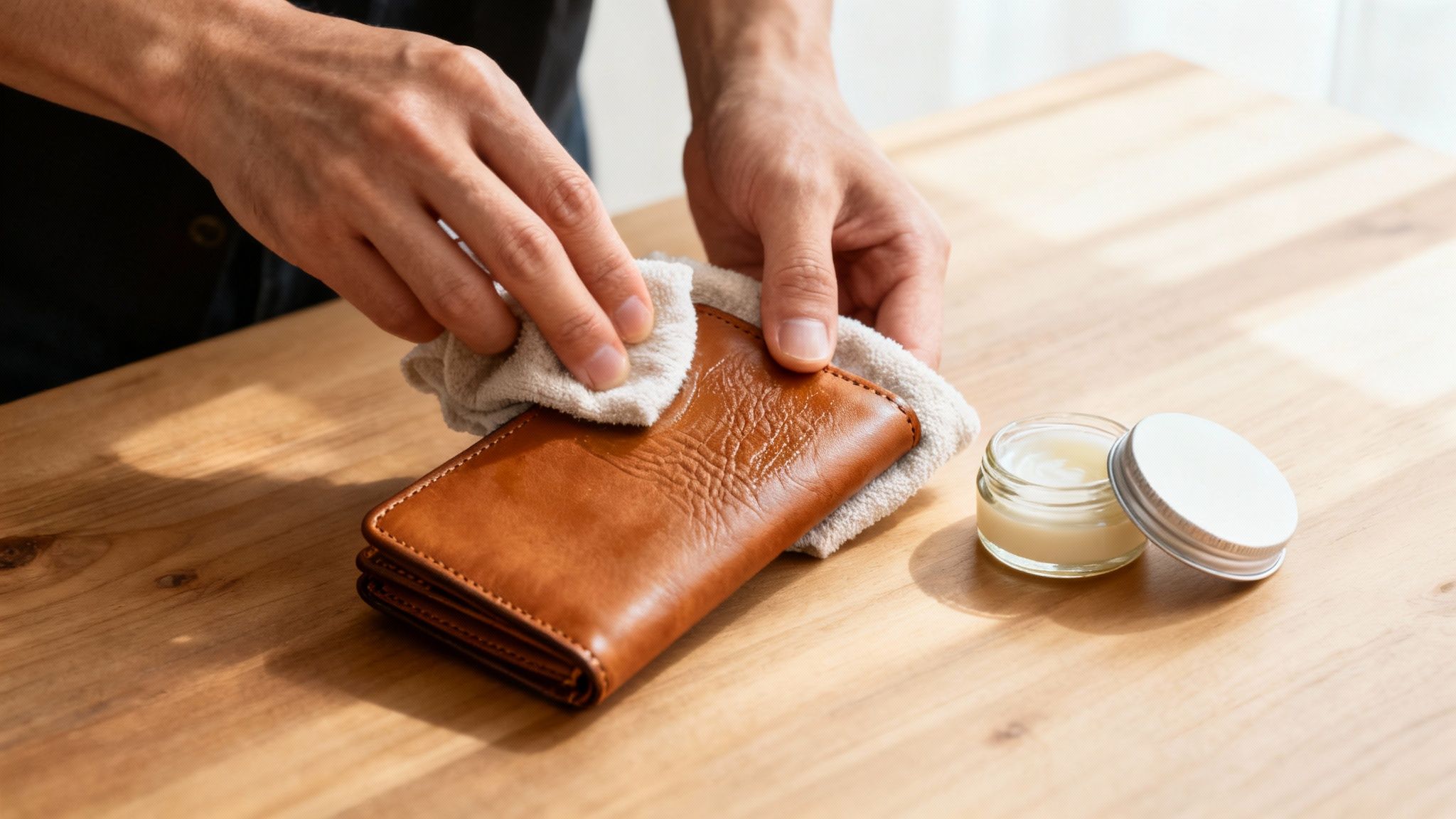 A person conditioning a brown leather bag with a soft cloth.