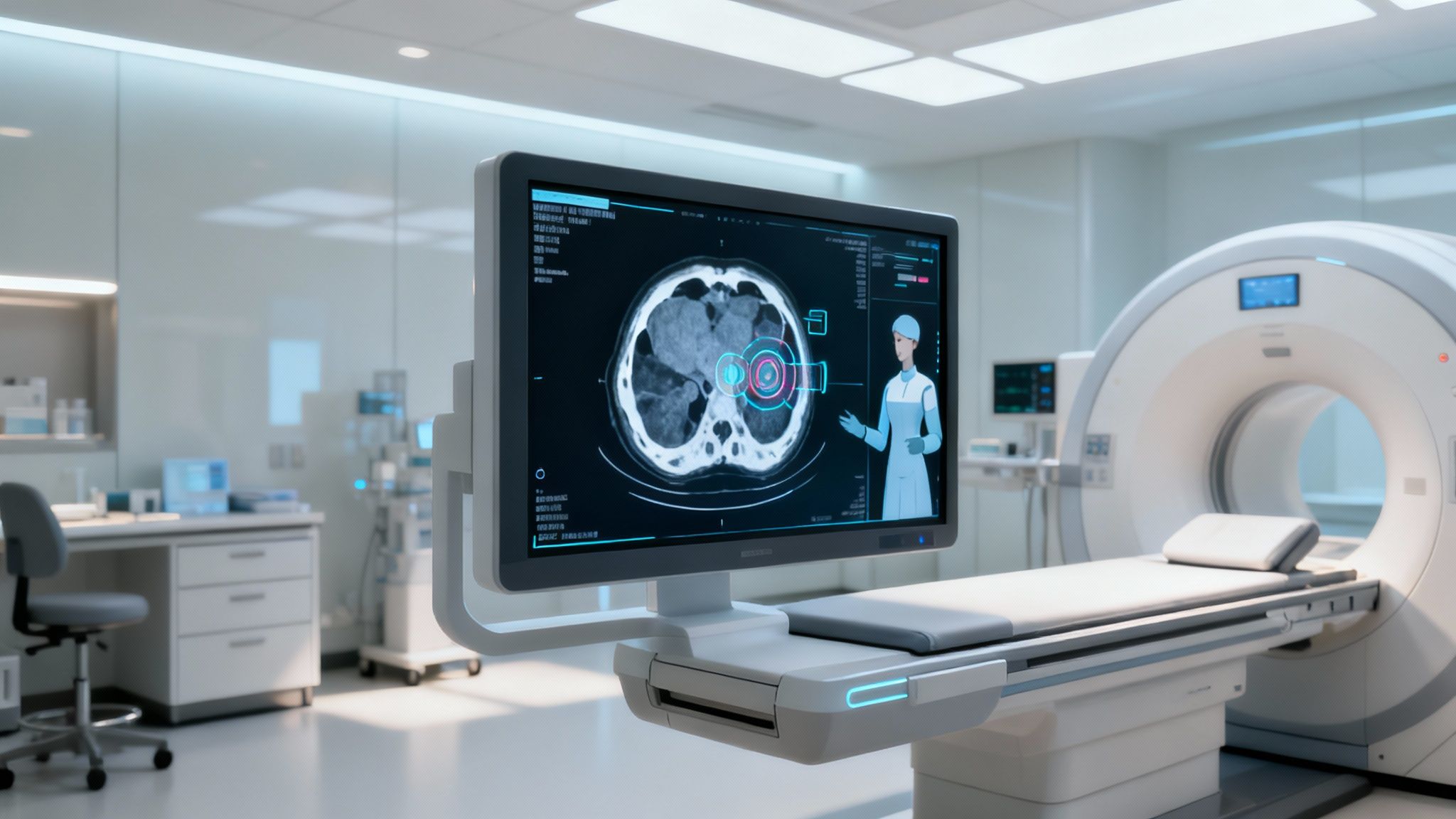 An illustration showing AI algorithms analyzing medical scans on futuristic displays