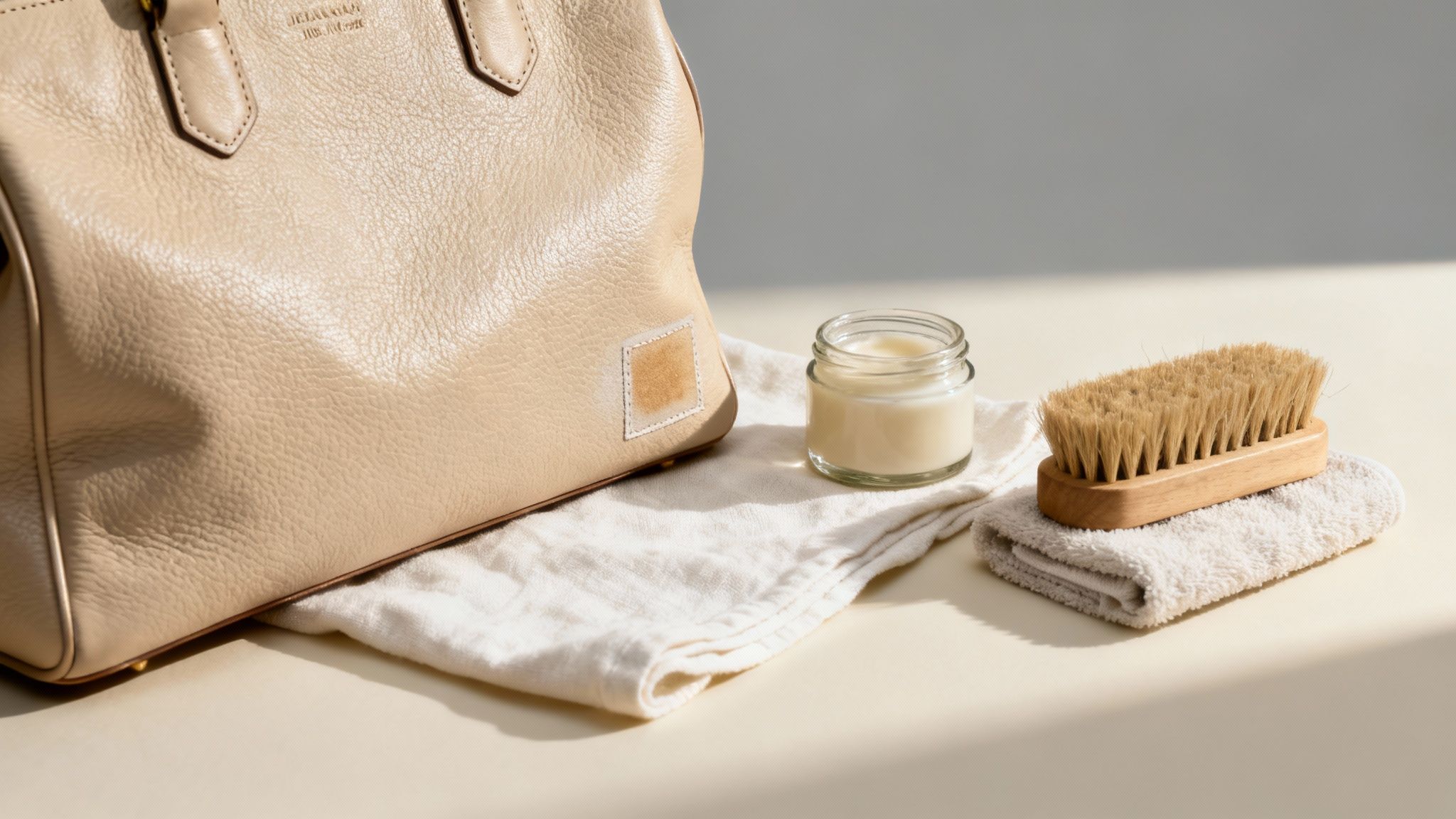 A person carefully cleaning an Italian leather handbag with a soft cloth