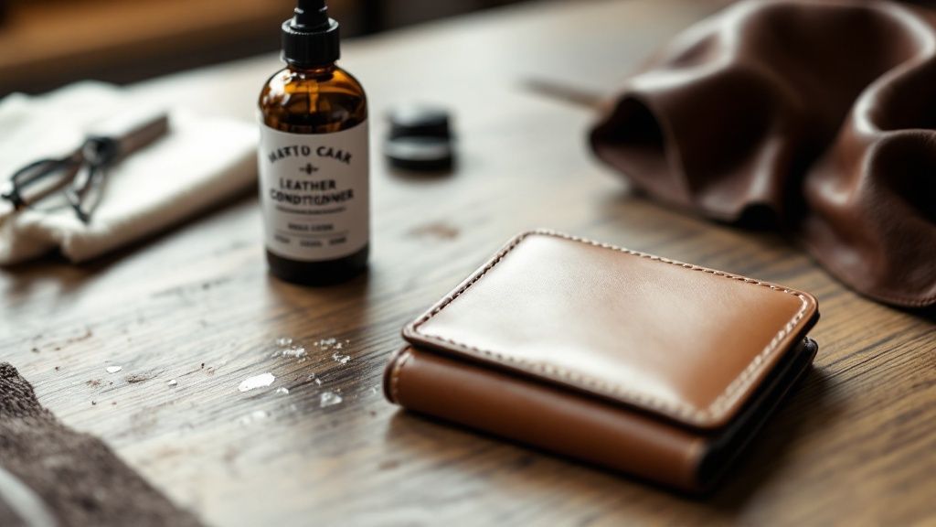 A person carefully applying conditioner to a high-quality Tuscany leather bag to maintain its suppleness.