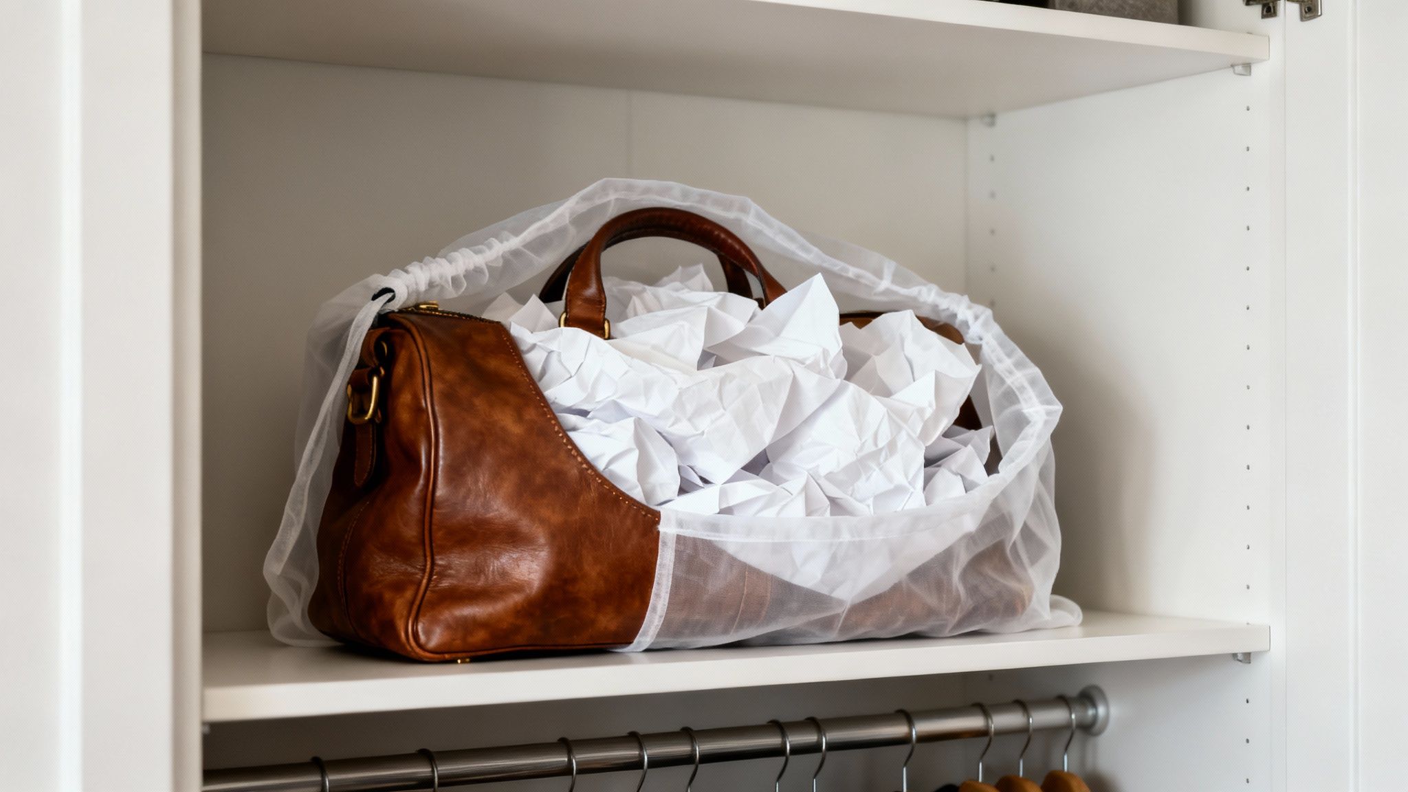 A person carefully placing a leather bag into a white dust bag for storage