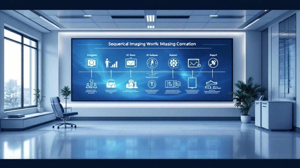 A radiologist reviewing medical scans on multiple high-resolution monitors