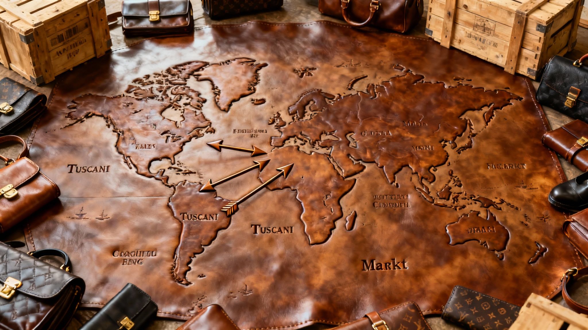 Tuscan leather artisans at work in a sunlit workshop, surrounded by tools and rolls of high-quality leather.