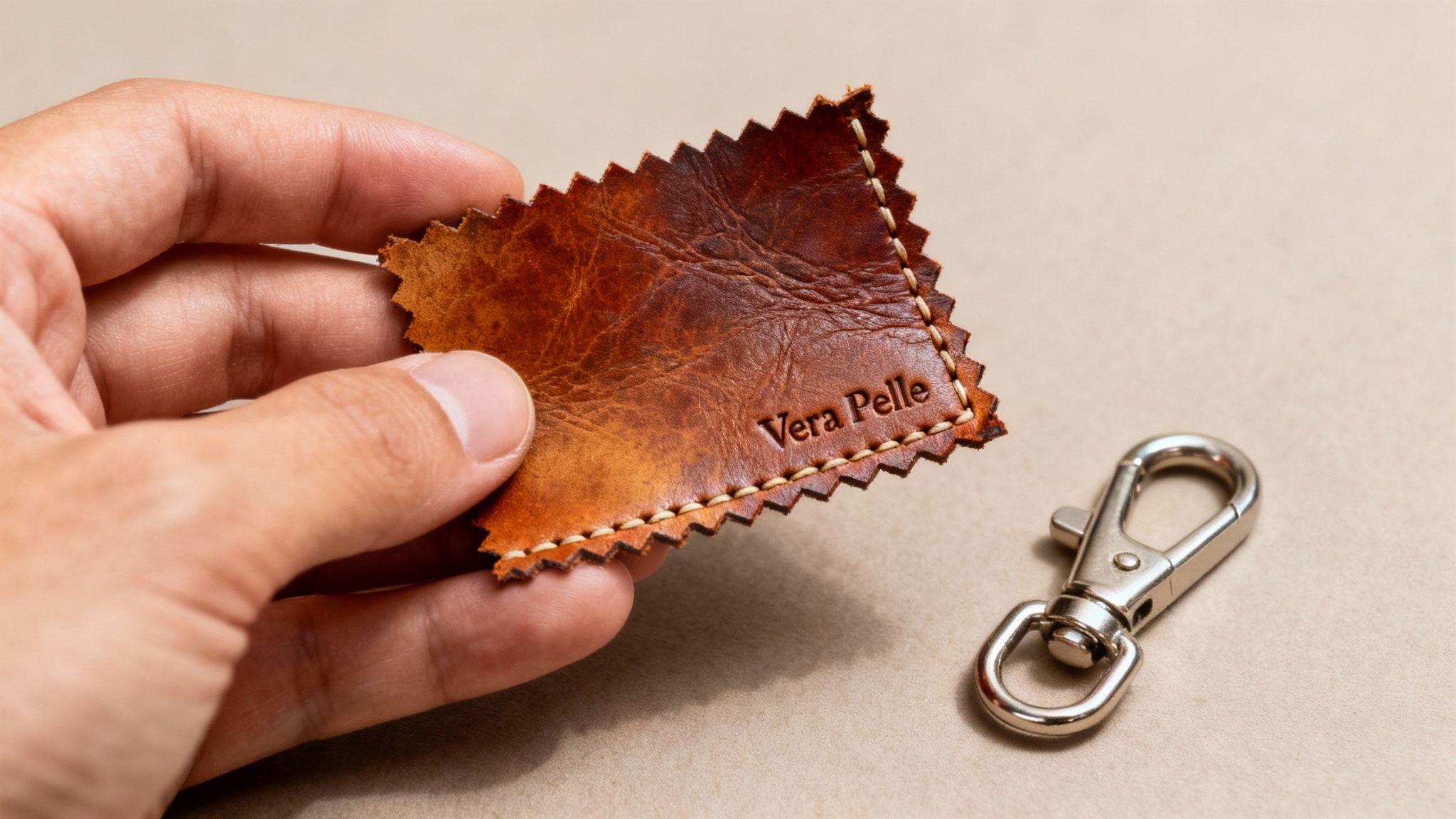 A person inspecting the grain and texture of a brown Tuscany leather bag