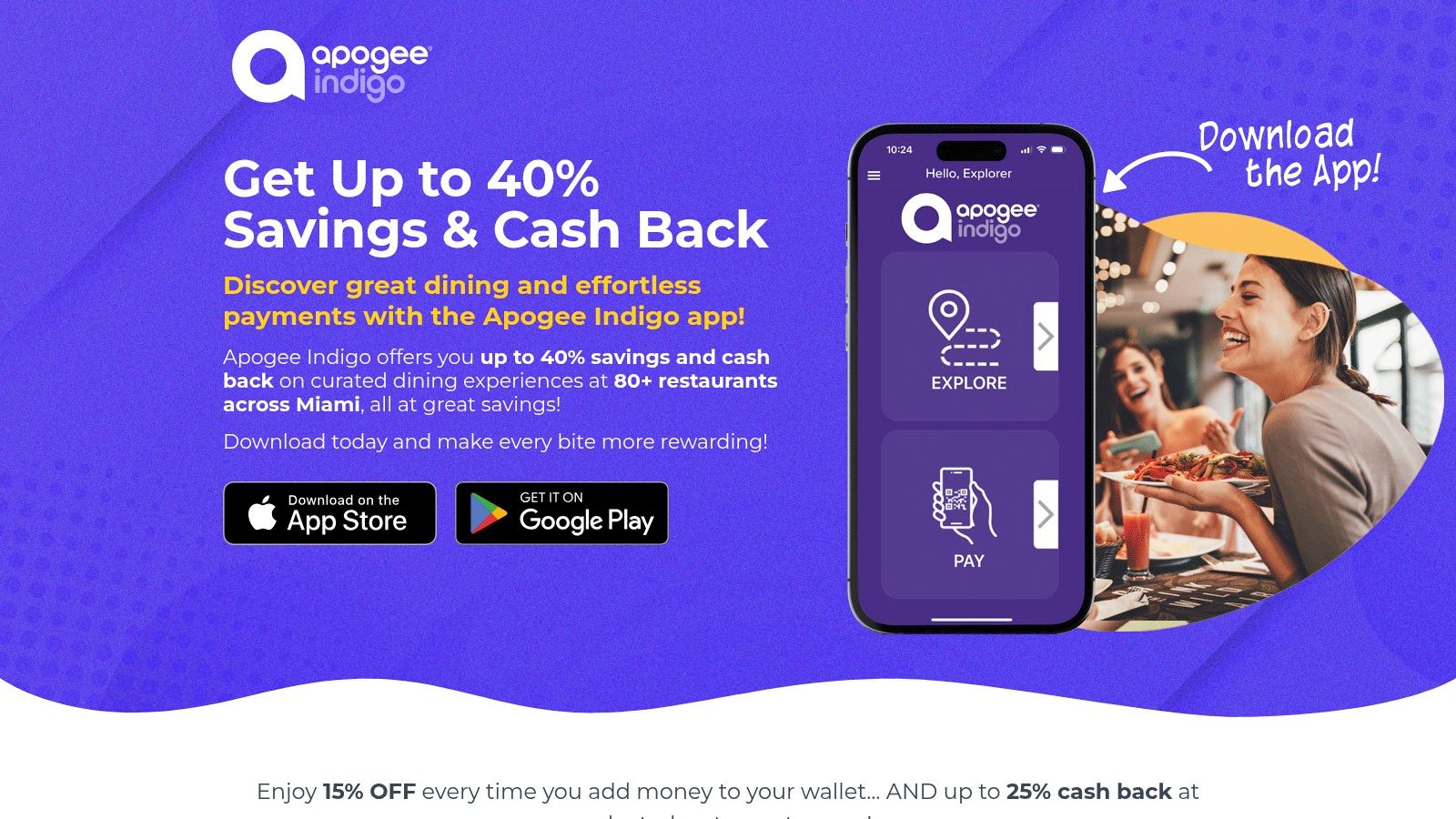 Apogee Indigo app interface showing a map of Miami with restaurant locations and wallet balance