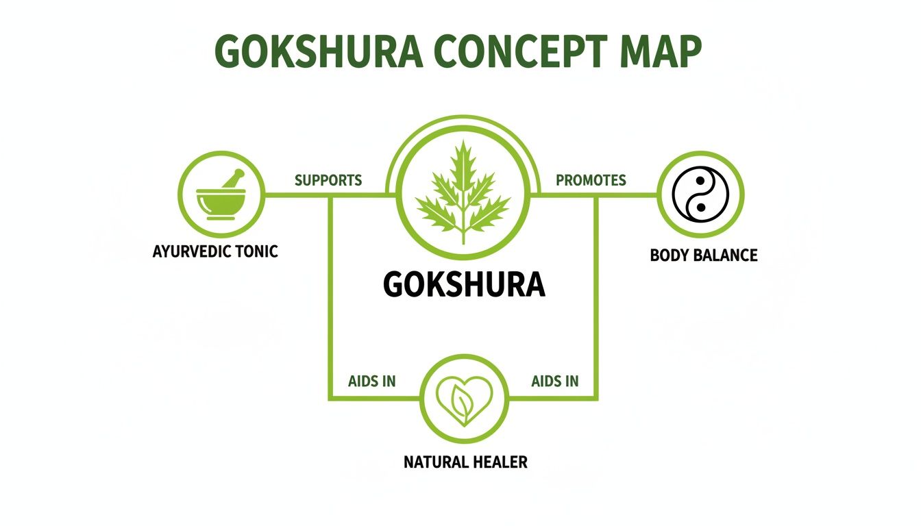 A concept map illustrating the benefits of Gokshura, highlighting its role as an Ayurvedic tonic, promoting body balance, and aiding natural healing.