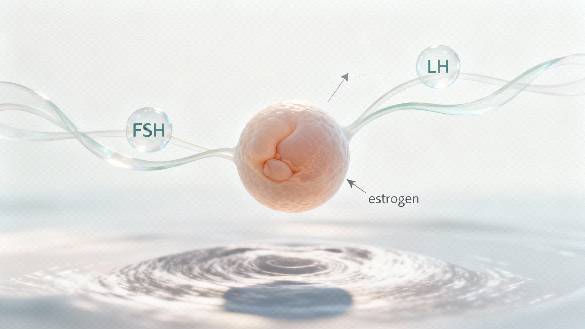 A 3D illustration of a cell connected by tubes with FSH and LH bubbles, producing estrogen.