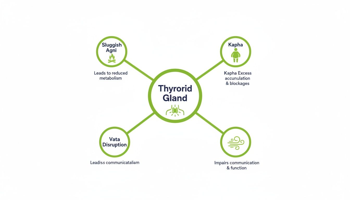 Ayurvedic diagram illustrates the Thyroid Gland linked to Sluggish Agni, Kapha, and Vata, impacting metabolism and function.