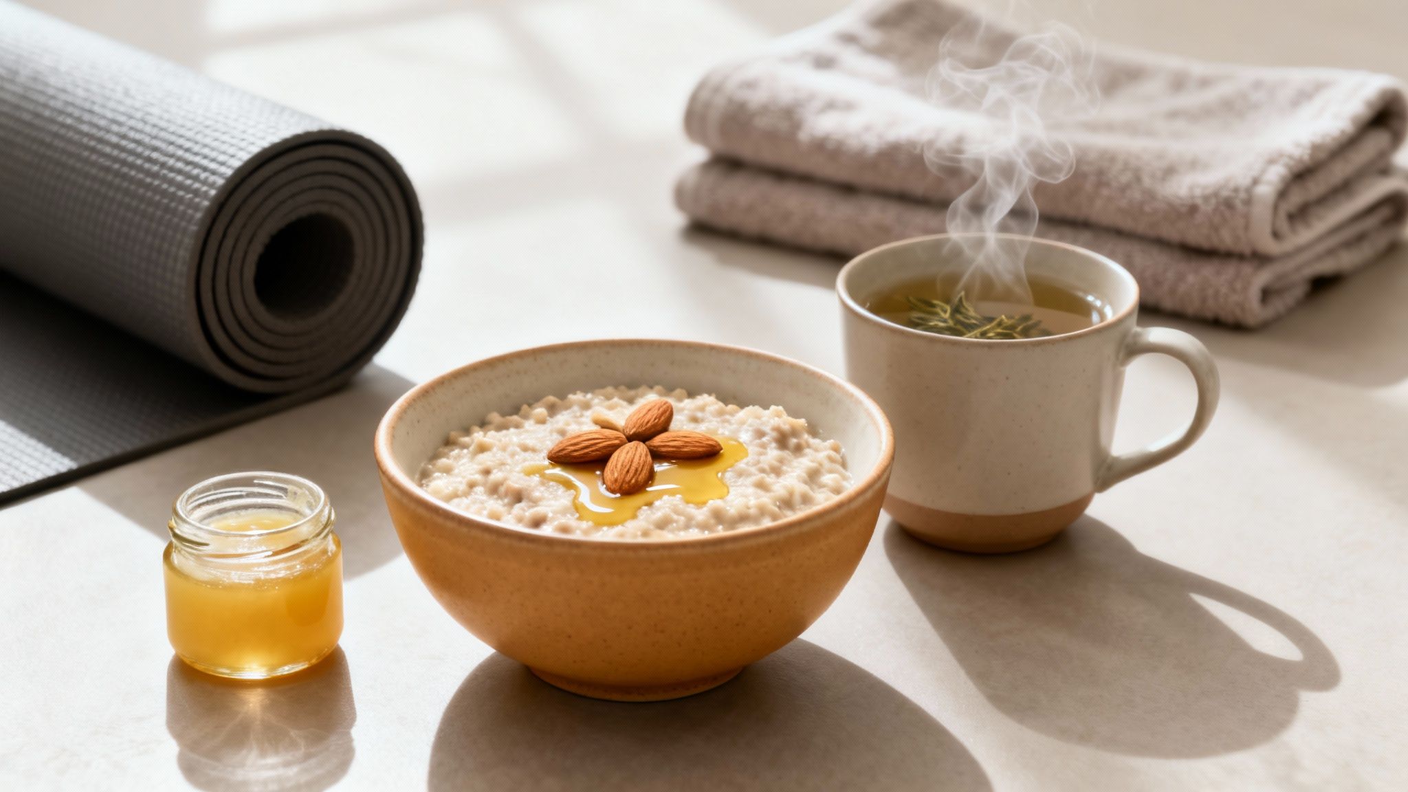 Healthy breakfast of oatmeal with almonds and honey, hot tea, yoga mat, and towels for a wellness routine.