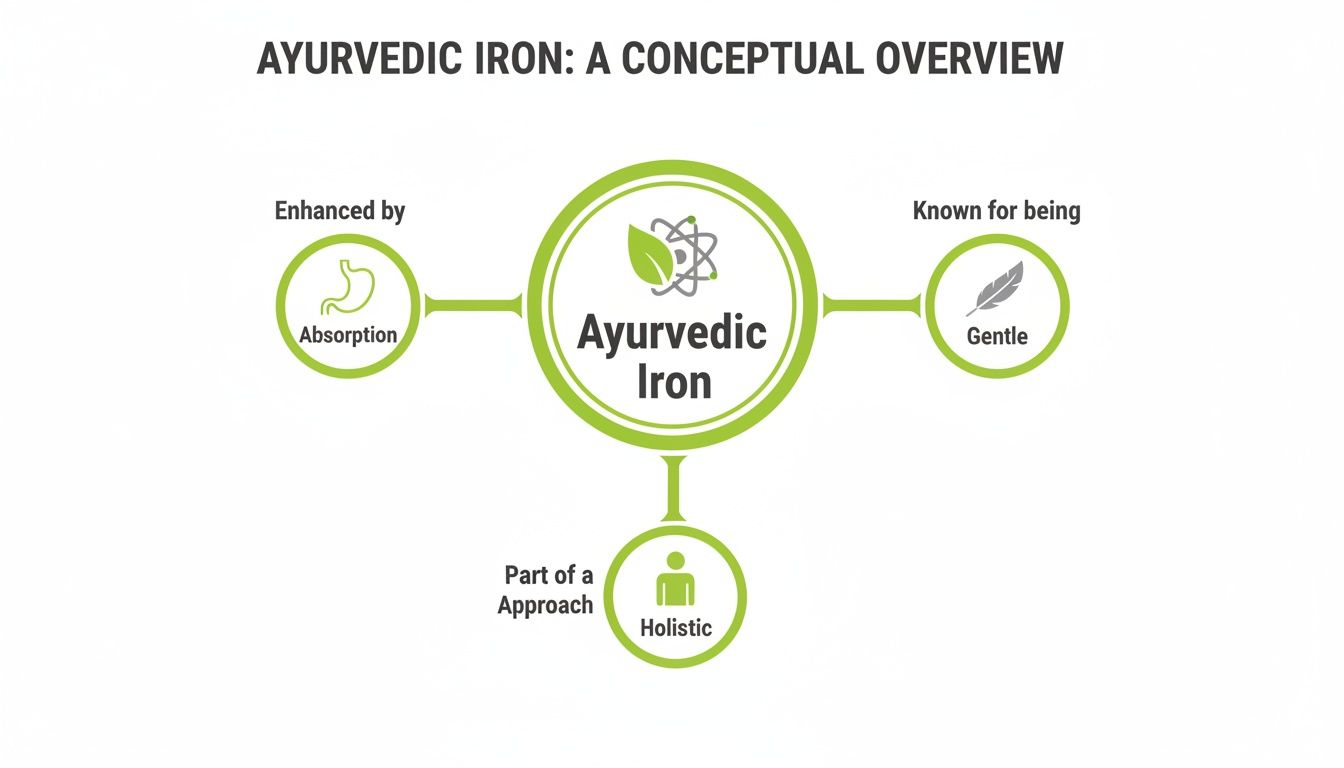 Conceptual overview of Ayurvedic Iron, detailing its enhanced absorption, gentleness, and holistic approach.