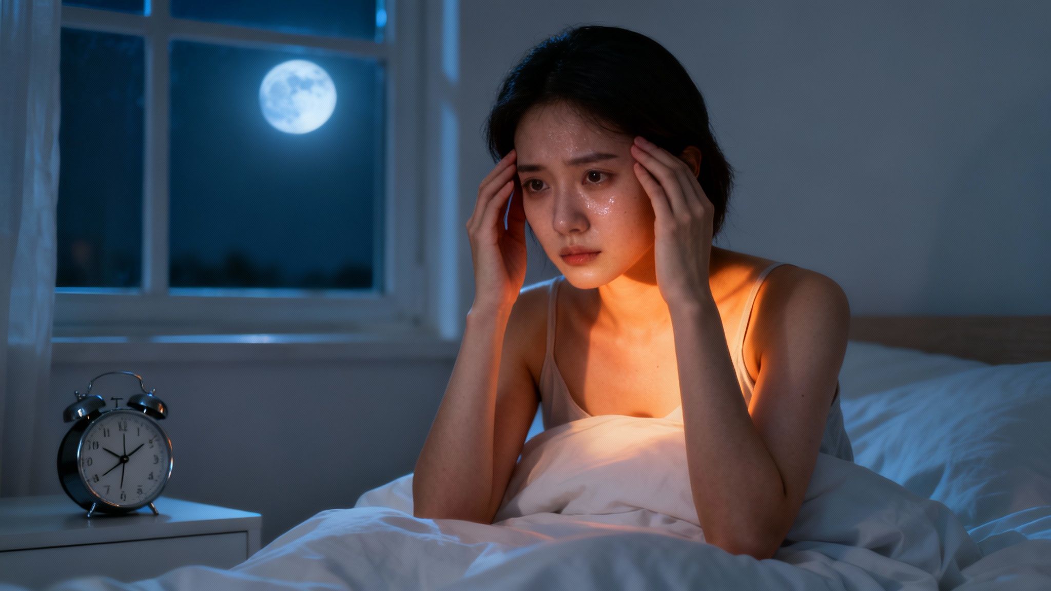 A young Asian woman in bed at night, sweating and holding her head, indicating fever or distress.