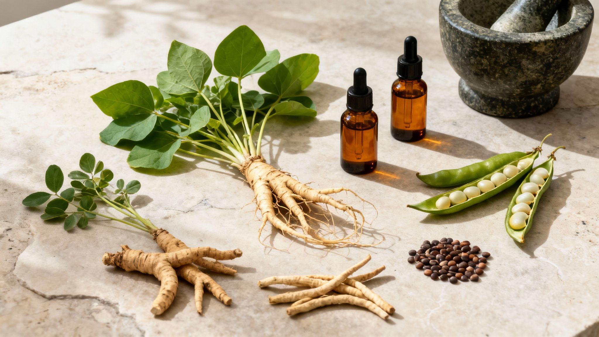 Natural herbal ingredients including ginseng roots, seeds, and oils on a textured stone surface.