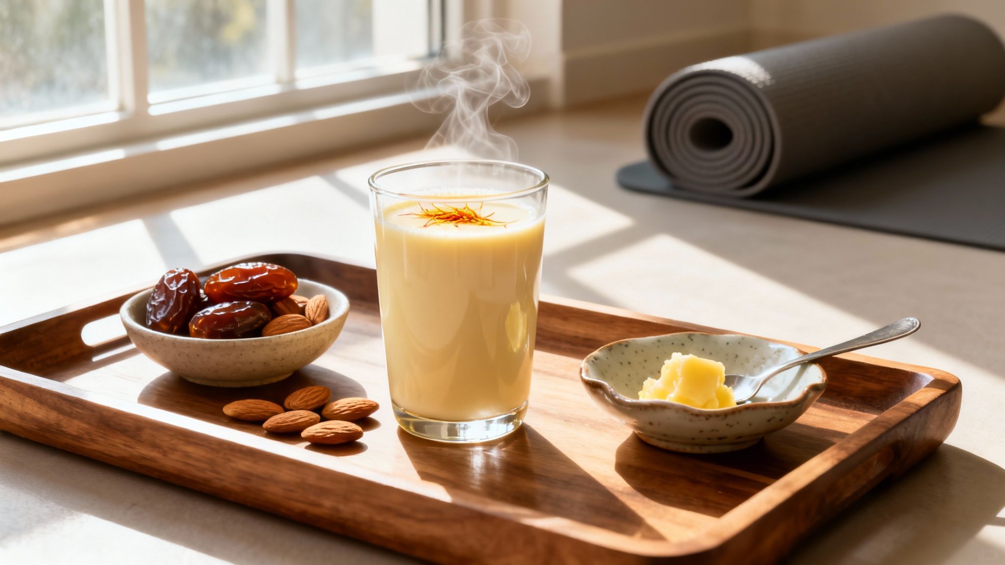 A wooden tray with warm saffron milk, dates, almonds, and ghee, with a yoga mat in the background.