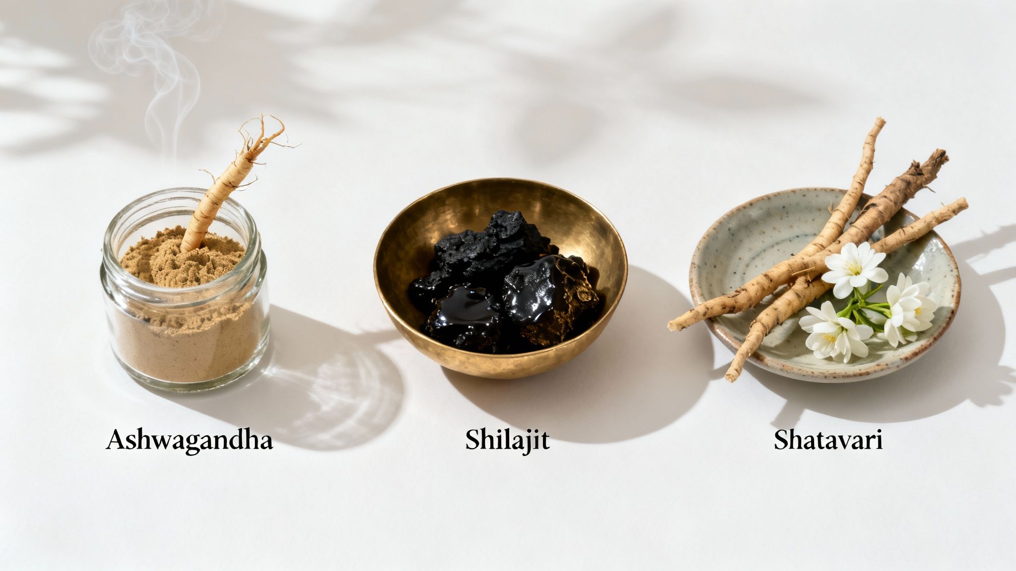 Three Ayurvedic herbs: Ashwagandha powder and root, Shilajit resin, and Shatavari roots and flowers on white.