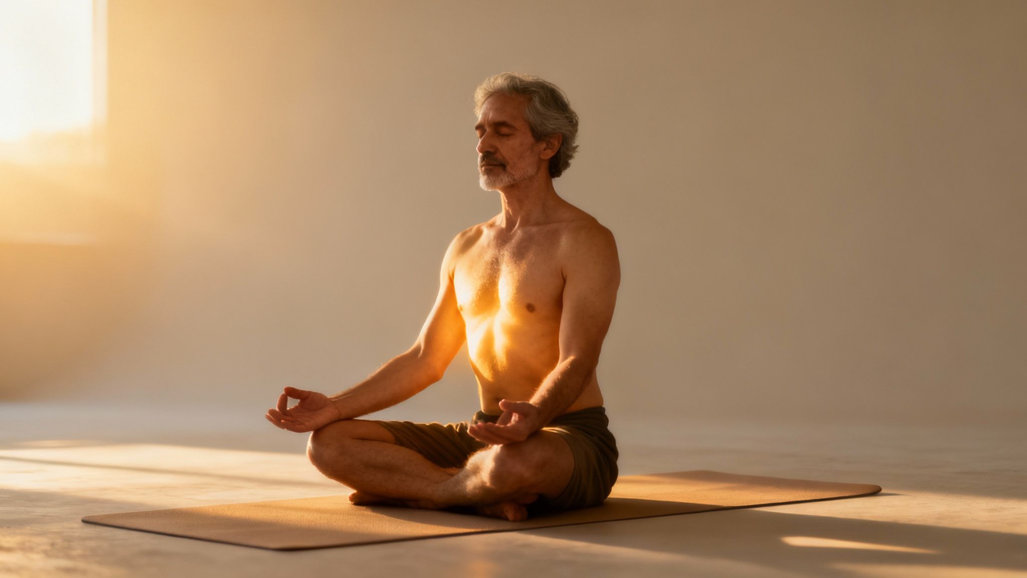 Peaceful senior man in meditation pose on a yoga mat, bathed in warm morning light.