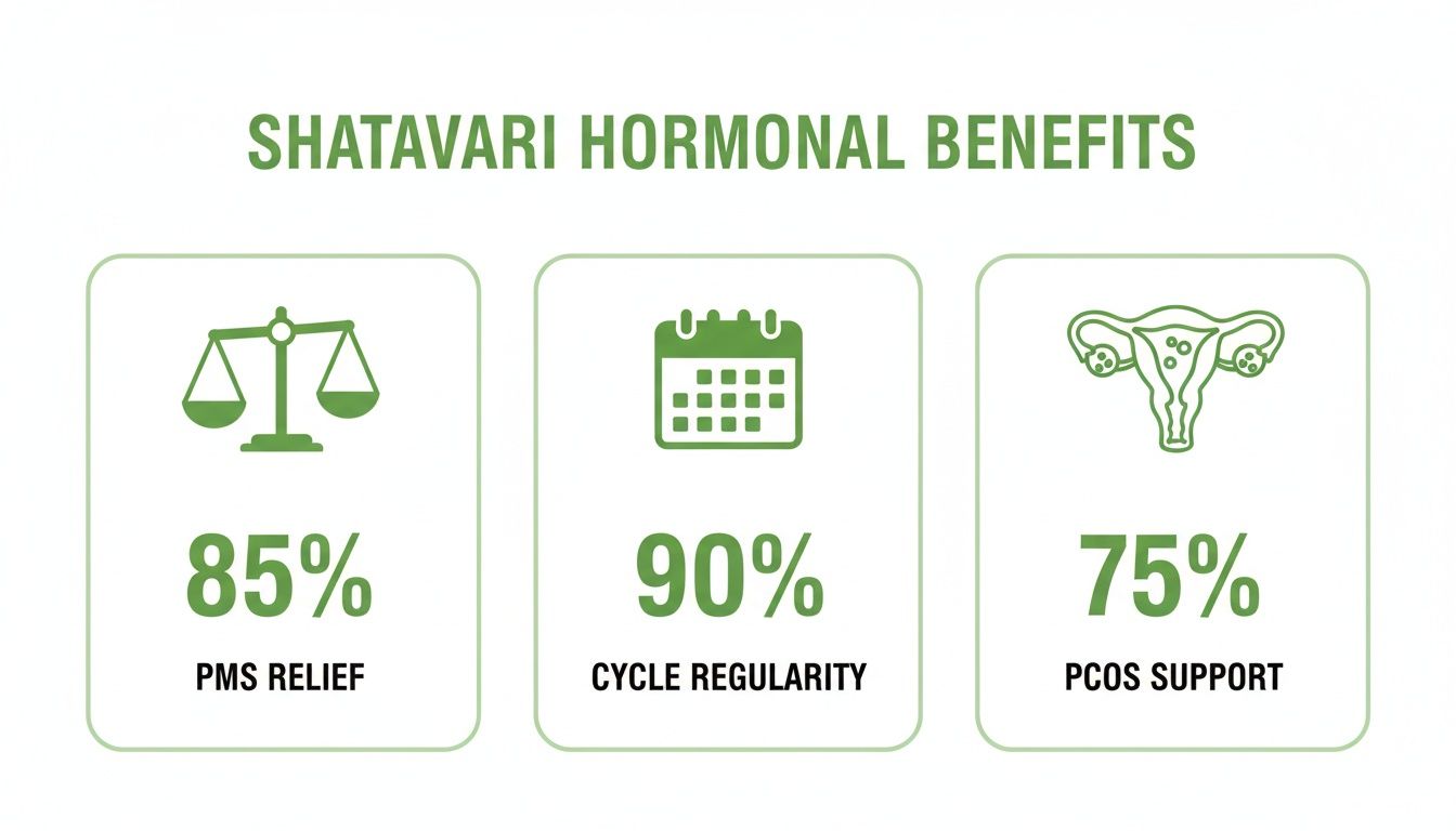 Shatavari hormonal benefits: 85% PMS relief, 90% cycle regularity, and 75% PCOS support.