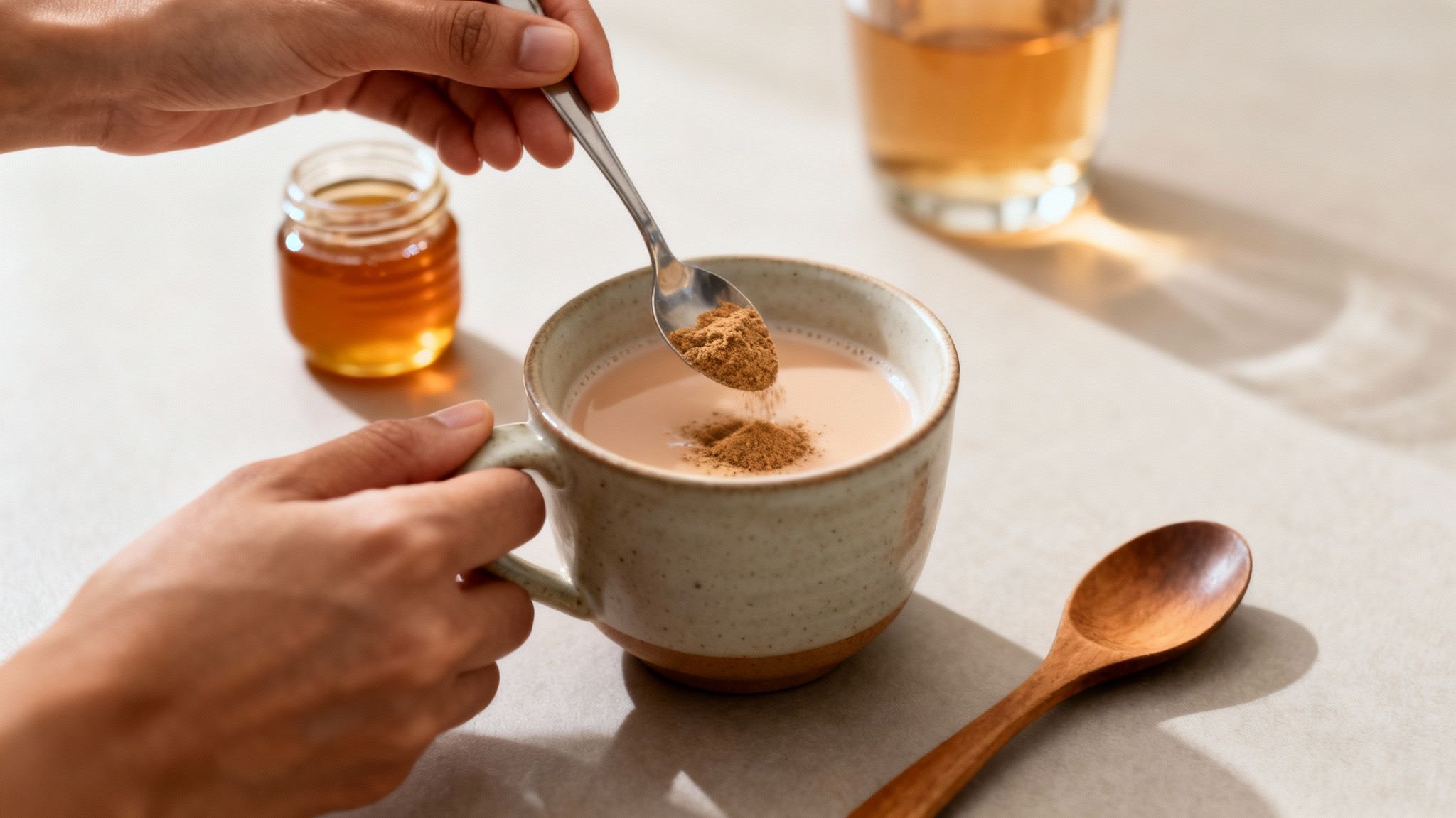 Hands adding a spoonful of brown gokshura powder into a creamy drink in a rustic mug.