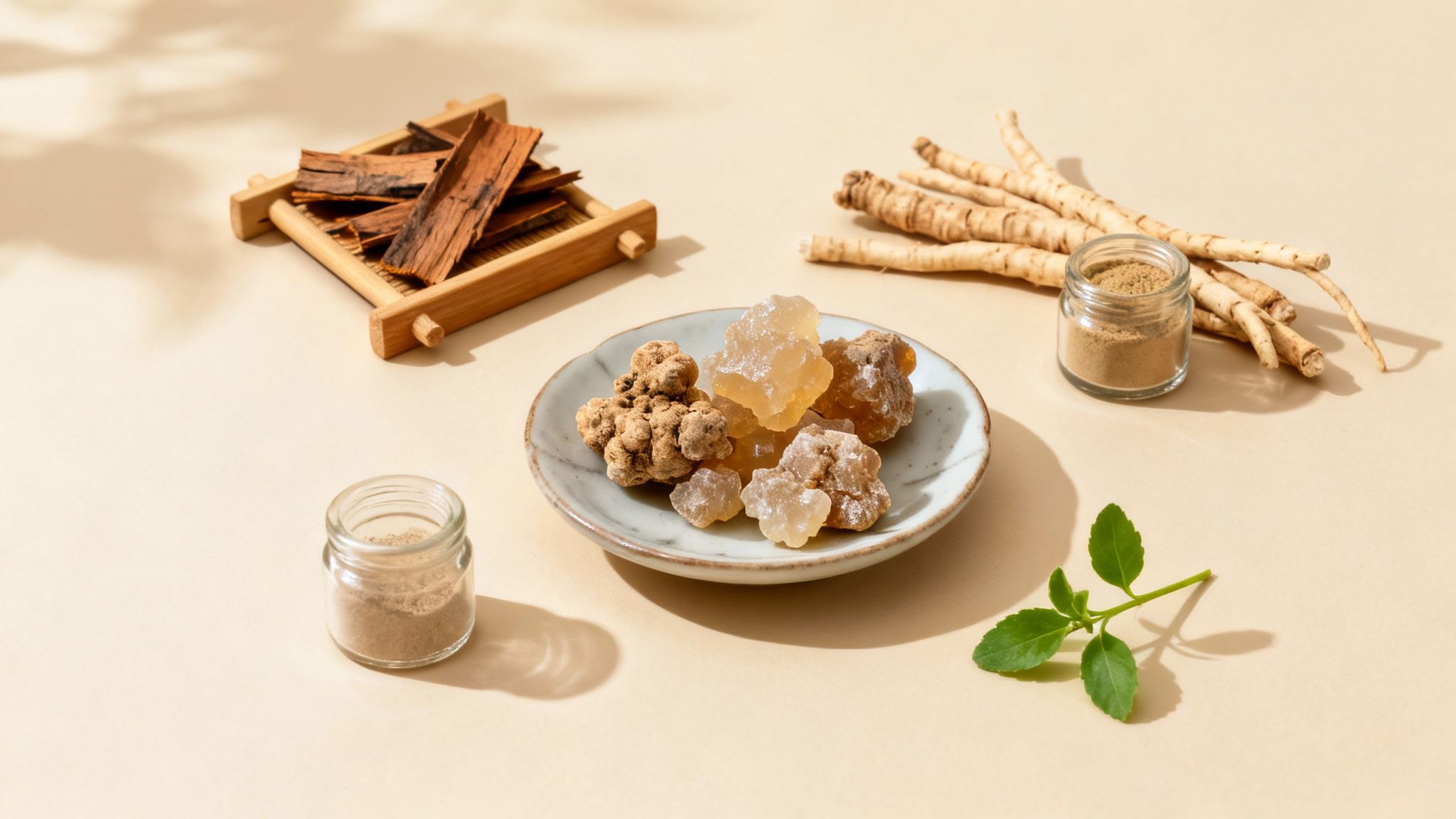 Various Ayurvedic ingredients like bark, roots, crystals, and powders arranged on a beige background.