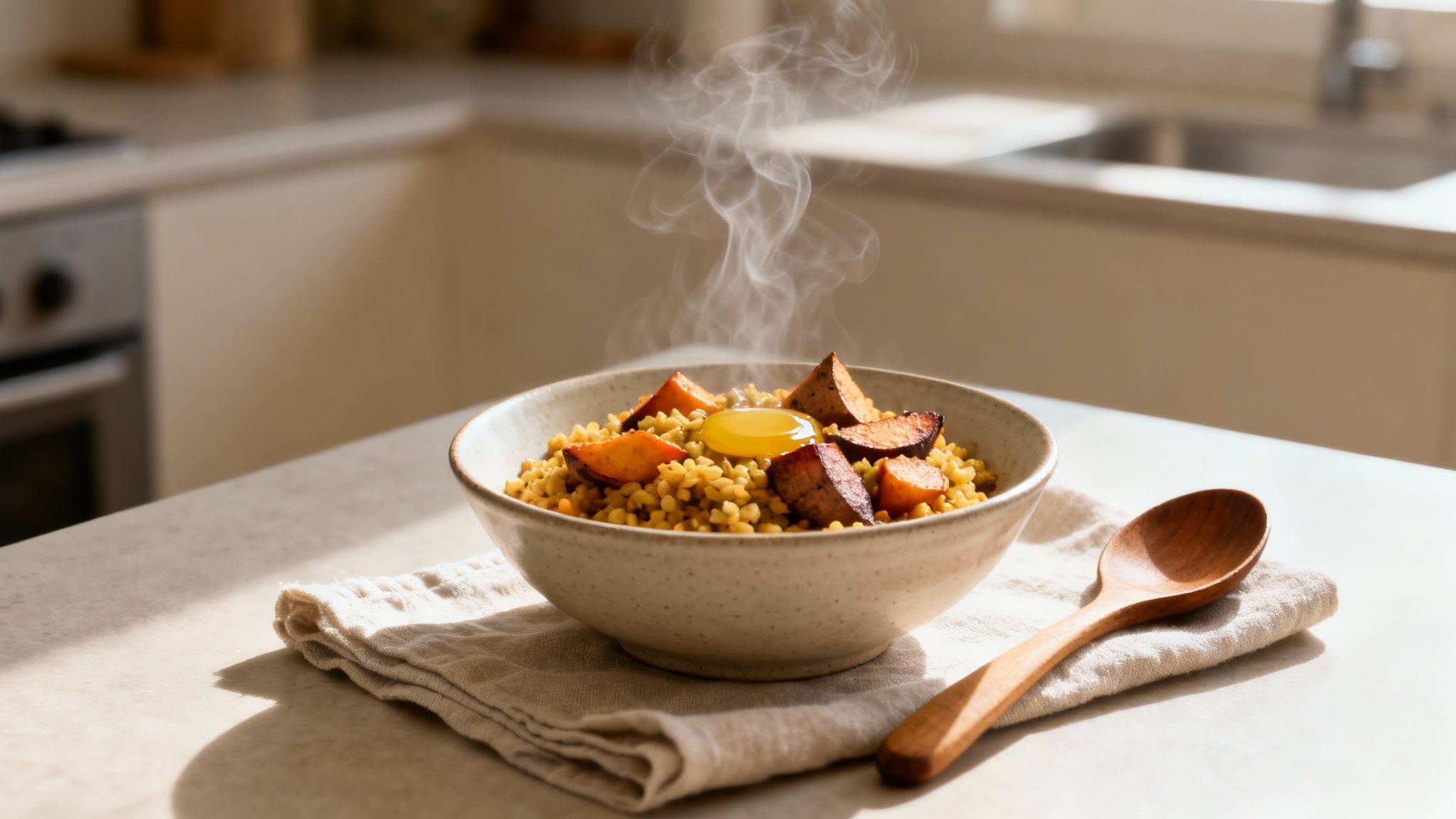 A steaming bowl of warm, healthy food with a raw egg yolk and roasted vegetables on a counter.