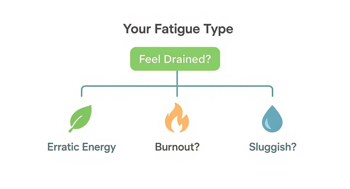 Flowchart classifying fatigue types: Erratic Energy, Burnout, and Sluggish, stemming from 'Feel Drained?'.