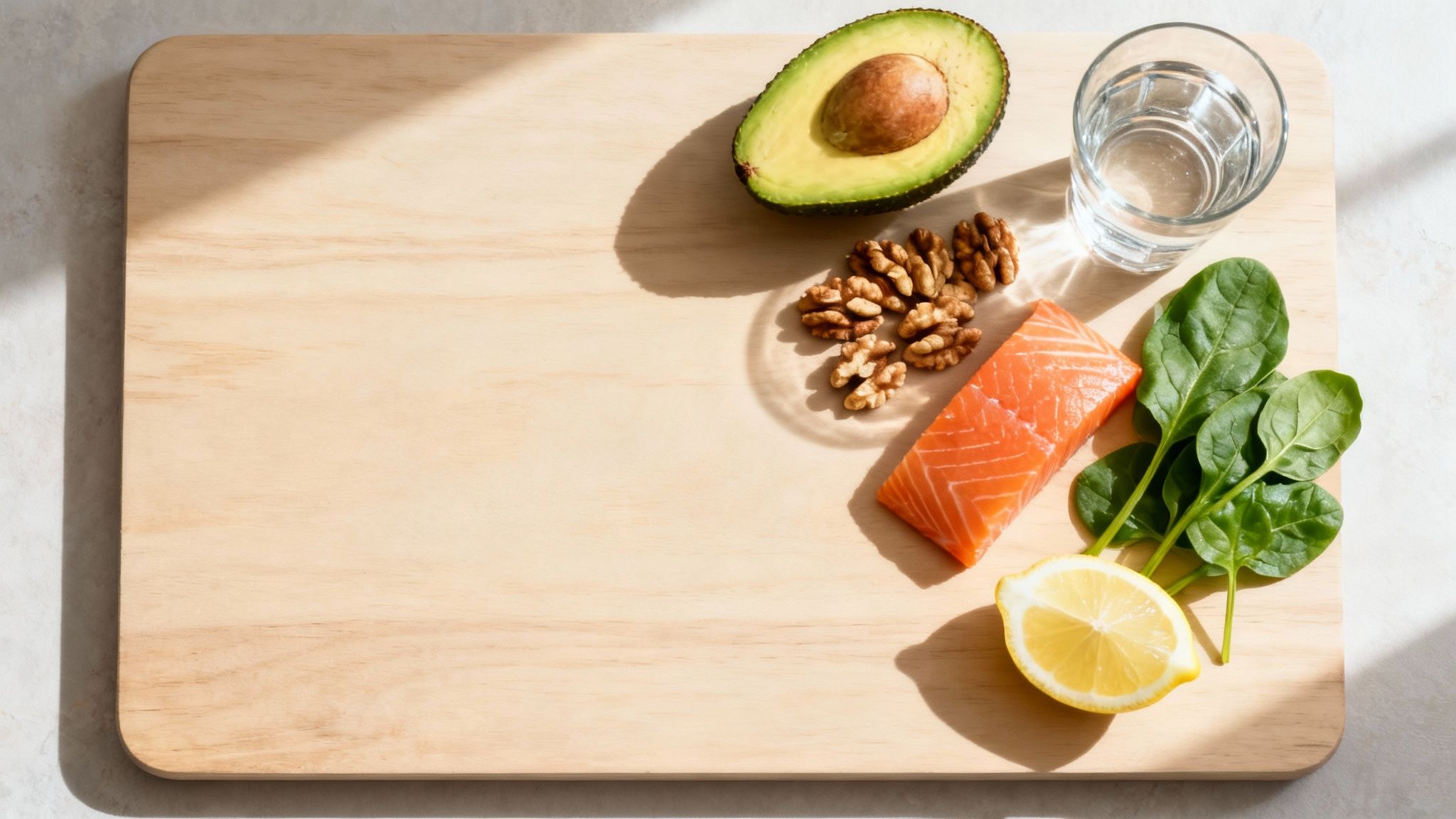 Healthy ingredients for a balanced diet: avocado, salmon, walnuts, spinach, lemon, and water.