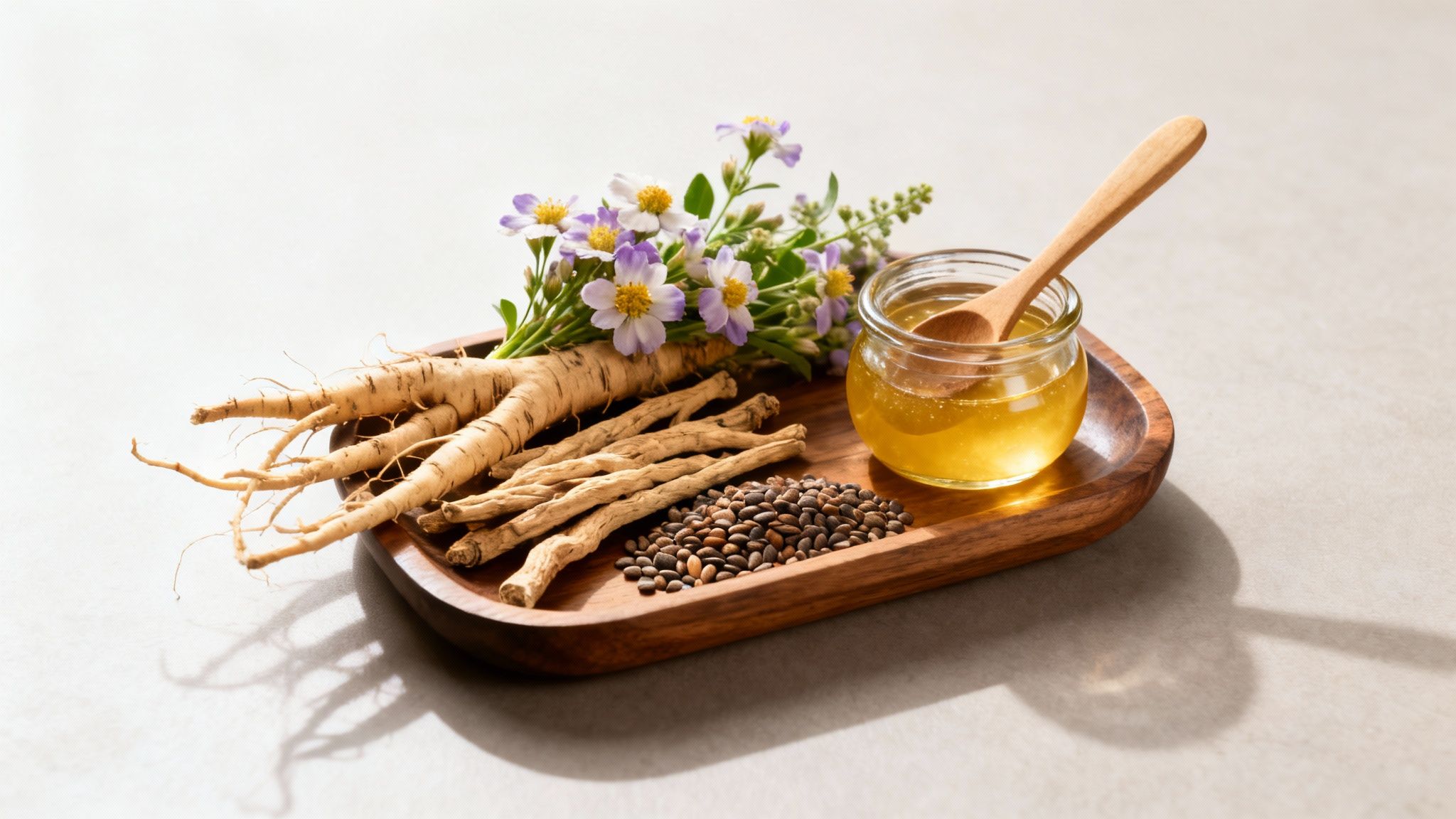 A wooden tray with fresh ginseng roots, dried herbs, seeds, honey, and delicate flowers.
