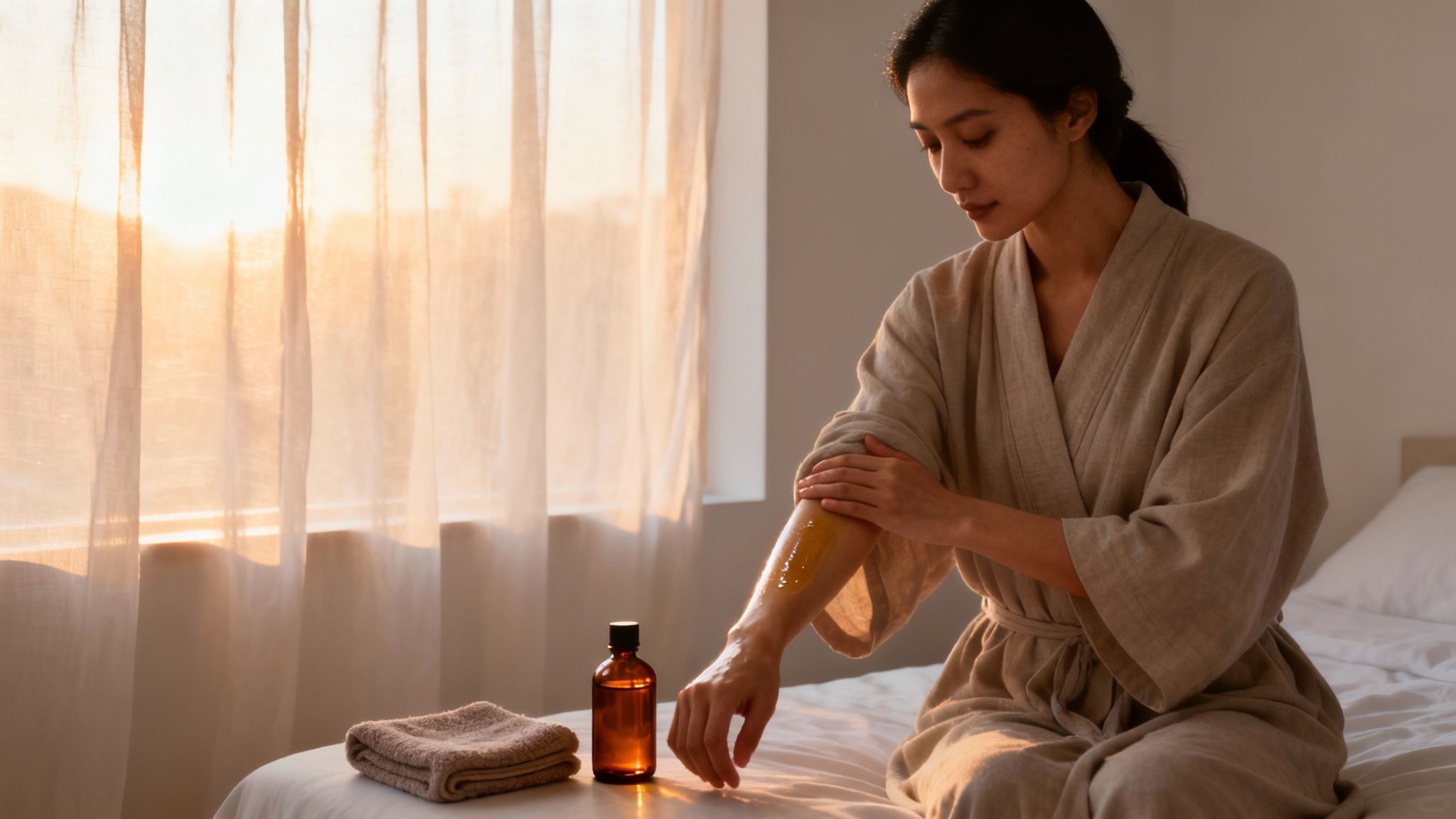 A woman applies body oil to her arm while sitting on a bed by a sunlit window.
