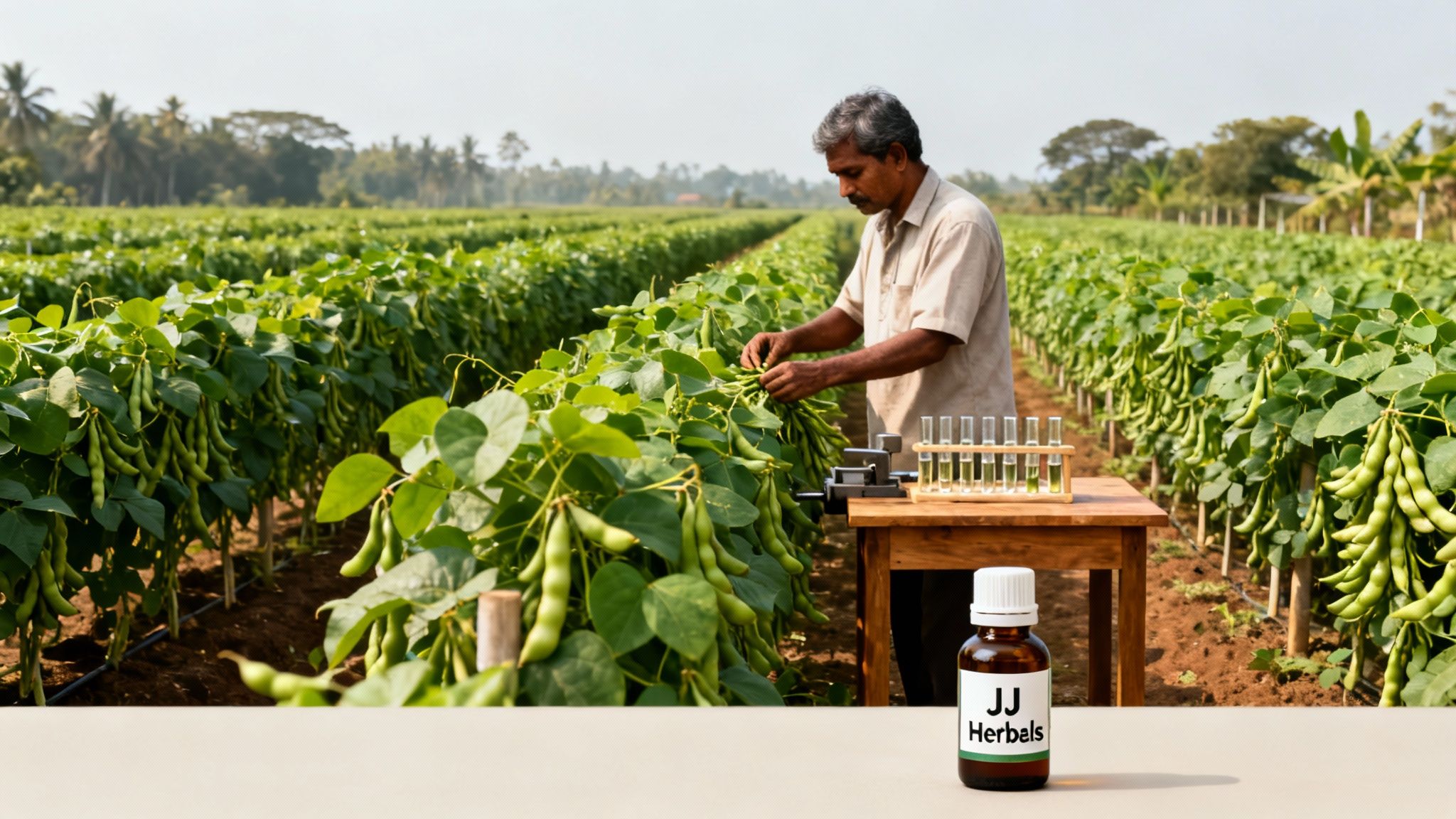 A man inspects green bean plants in a field with test tubes and a 'JJ Herbels' bottle, suggesting agricultural research.