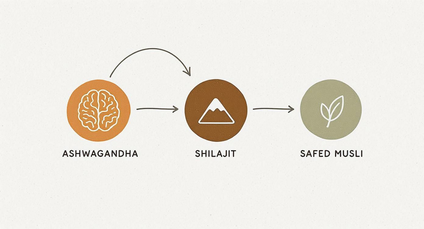 Ayurvedic herbs Ashwagandha, Shilajit, Safed Musli in a flow diagram with brain, mountain, and leaf icons.