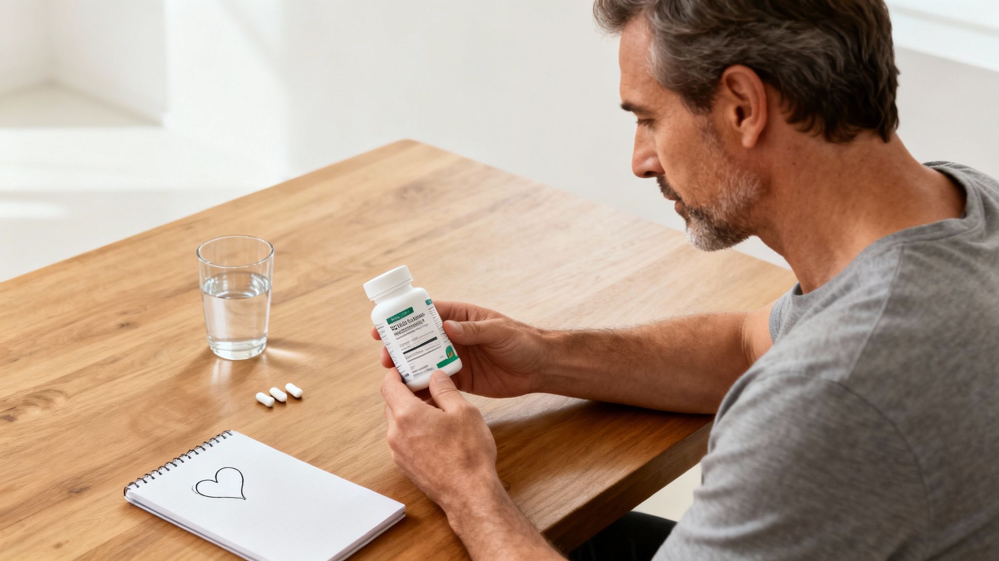 Mature man holding a supplement bottle, with pills, water, and a heart-drawn notebook on table.