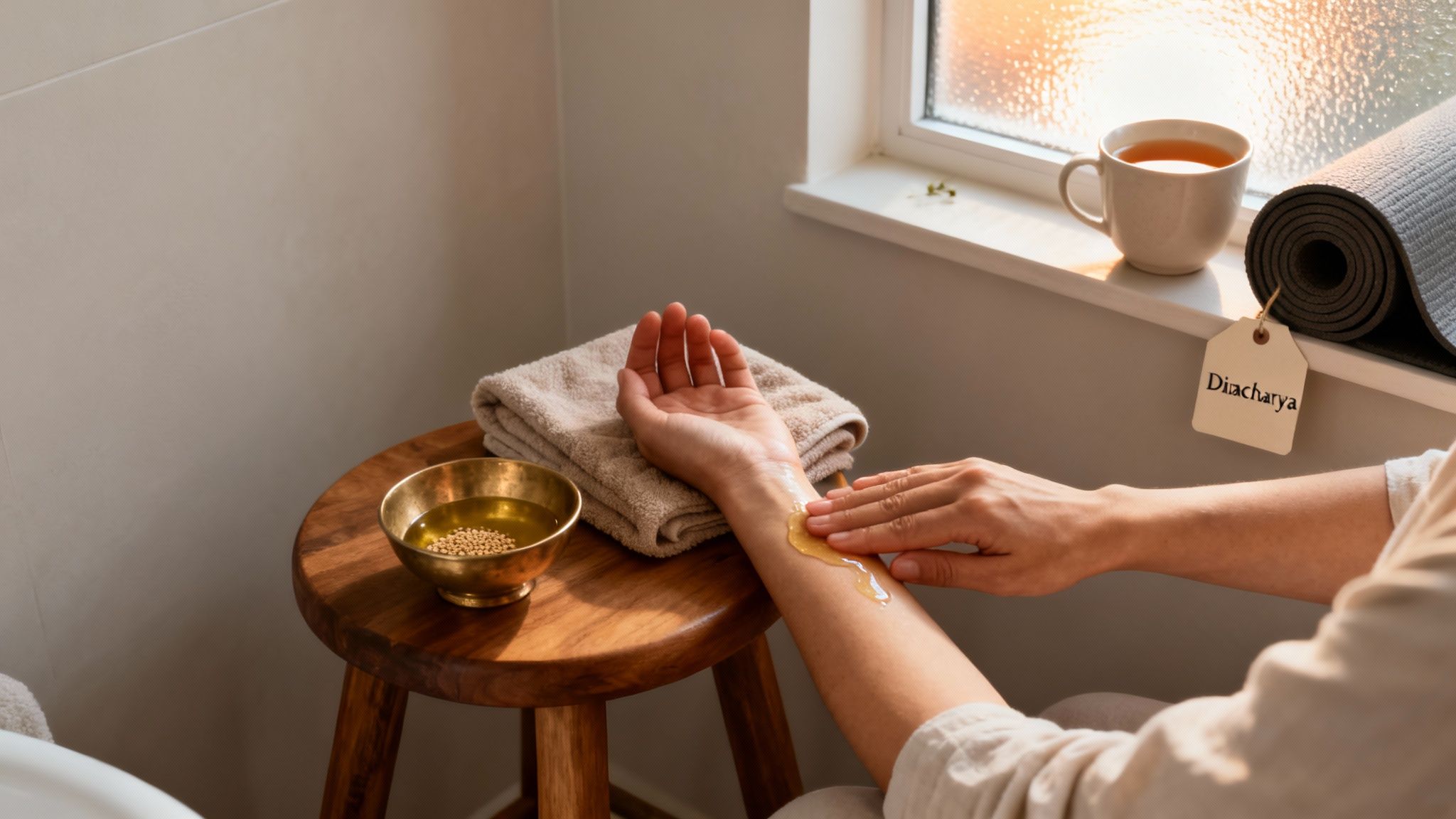 Person applying golden Ayurvedic oil on arm, next to a bowl of seeds, towel, tea, and yoga mat.