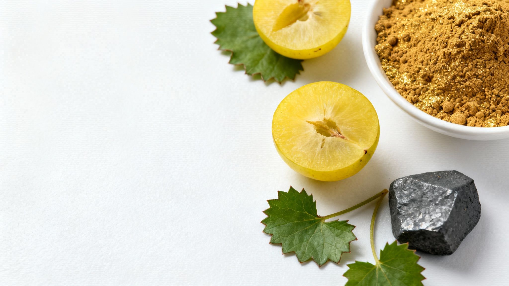 Ayurvedic ingredients: Amla fruit, herbal powder, green leaves, and a dark mineral on white.