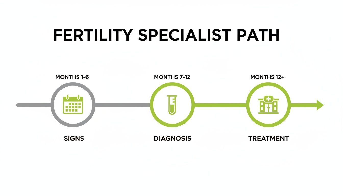 A timeline illustrating the fertility specialist path: signs (months 1-6), diagnosis (months 7-12), and treatment (months 12+).