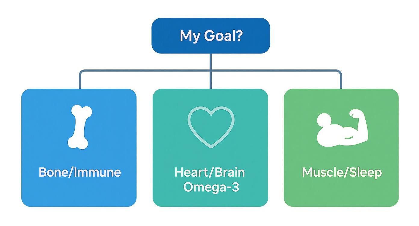 A health goal diagram showing options for Bone/Immune, Heart/Brain Omega-3, and Muscle/Sleep.