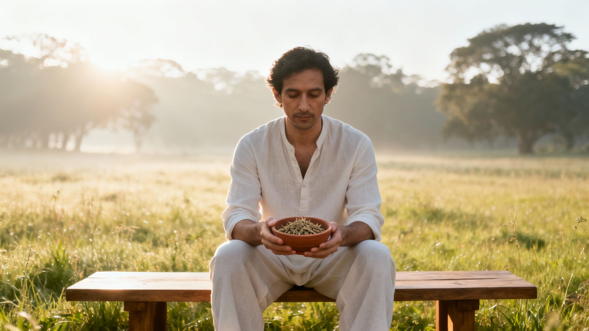 Serene man in white holds an herbal bowl, meditating outdoors in a misty, sunlit field.