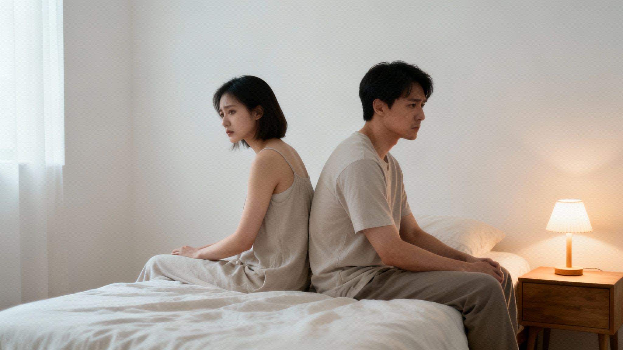 Upset Asian couple sitting back-to-back on a bed, illustrating relationship problems or conflict.