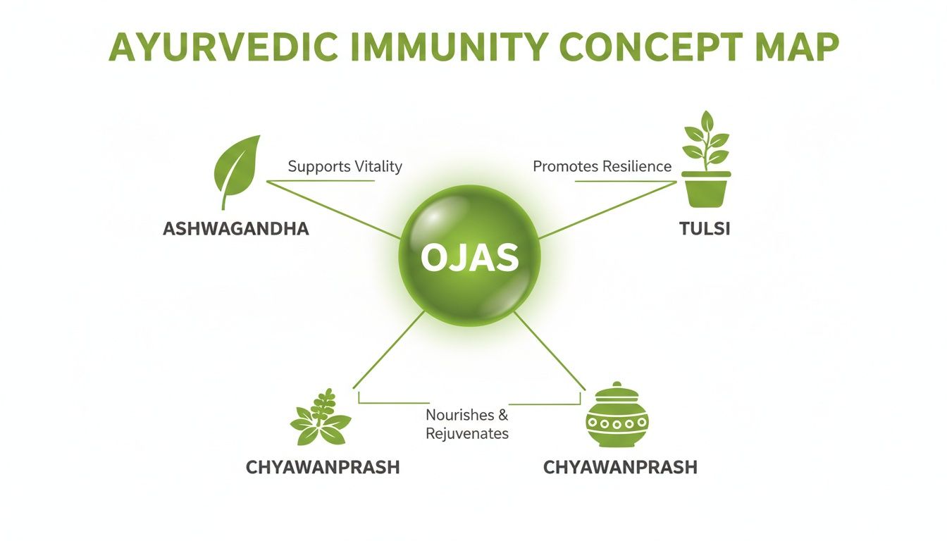 Ayurvedic immunity concept map illustrates Ojas, supported by Ashwagandha, Tulsi, and Chyawanprash for vitality and resilience.