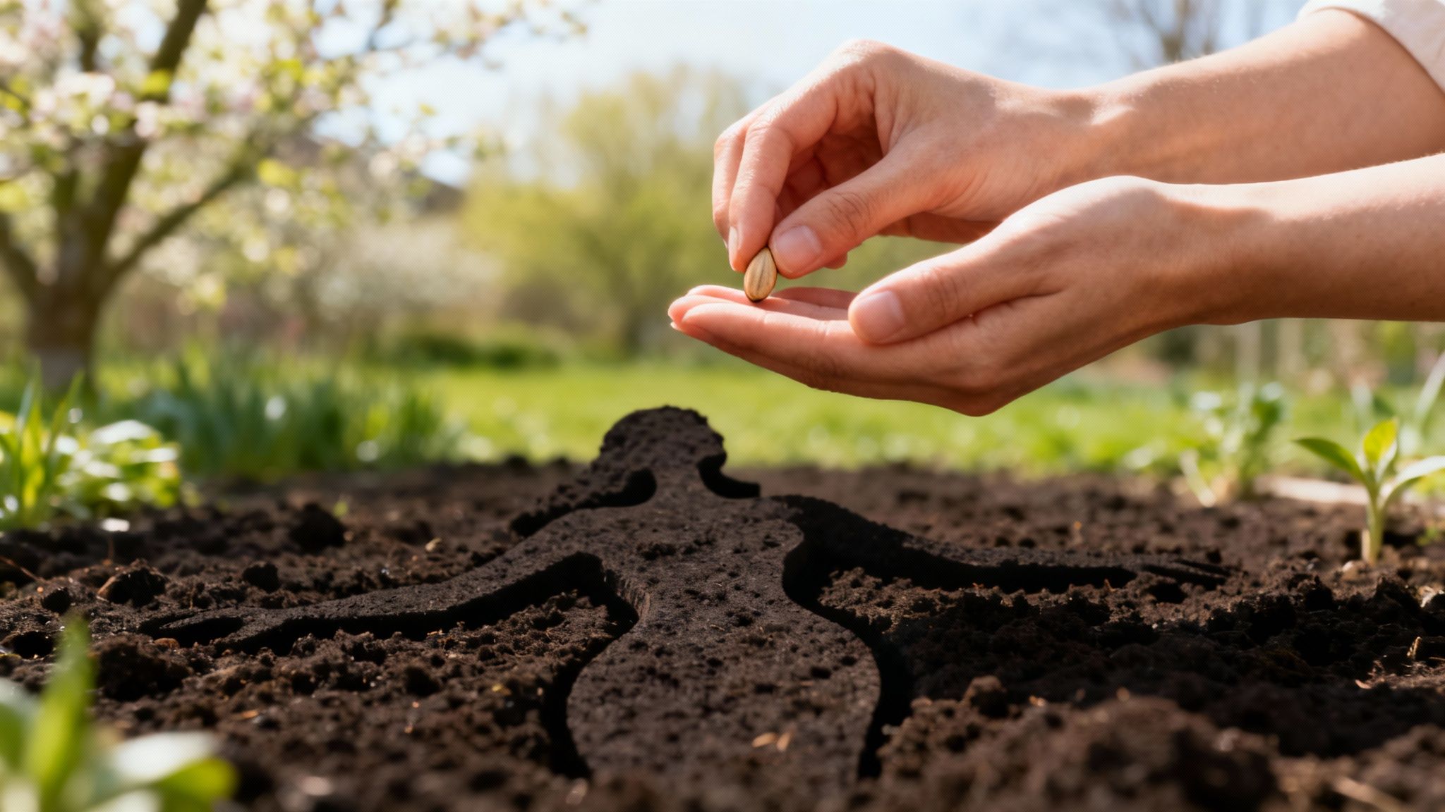 Hands drop a seed into an outline of a person in fertile garden soil.