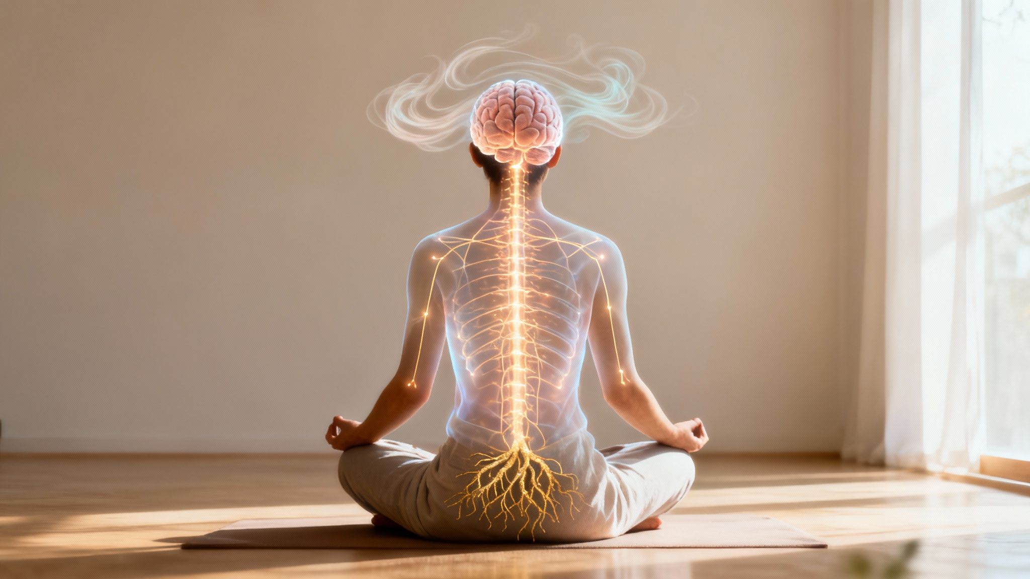 Rear view of a person meditating with an illuminated brain and nervous system overlay, symbolizing mind-body connection.