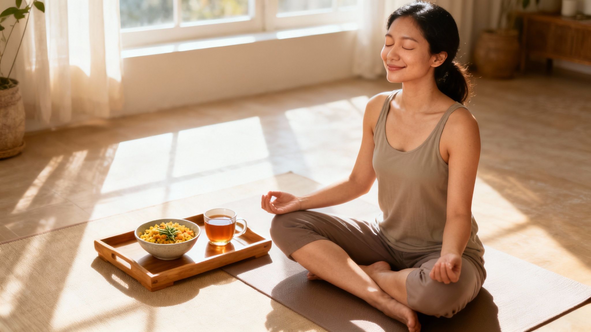 A serene woman meditates on a yoga mat with a healthy meal and tea beside her.
