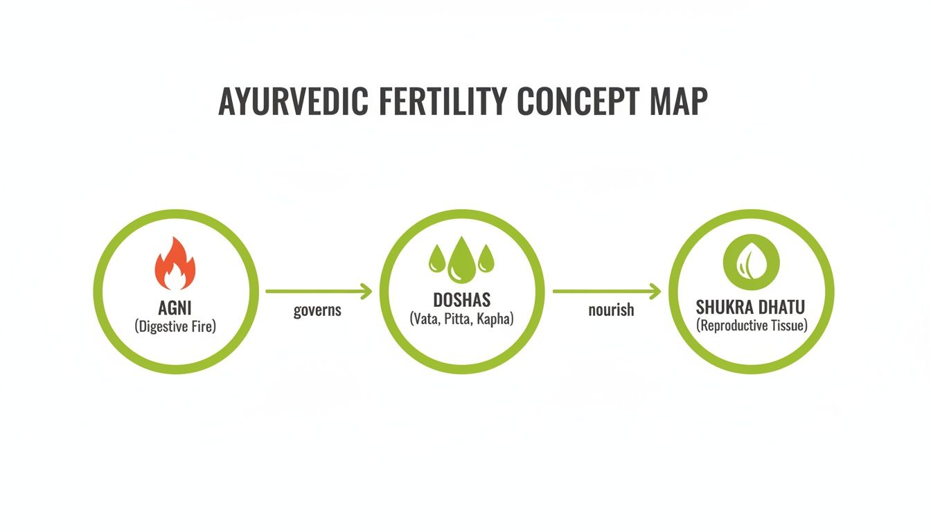Ayurvedic fertility concept map showing Agni governs Doshas, which nourish Shukra Dhatu.