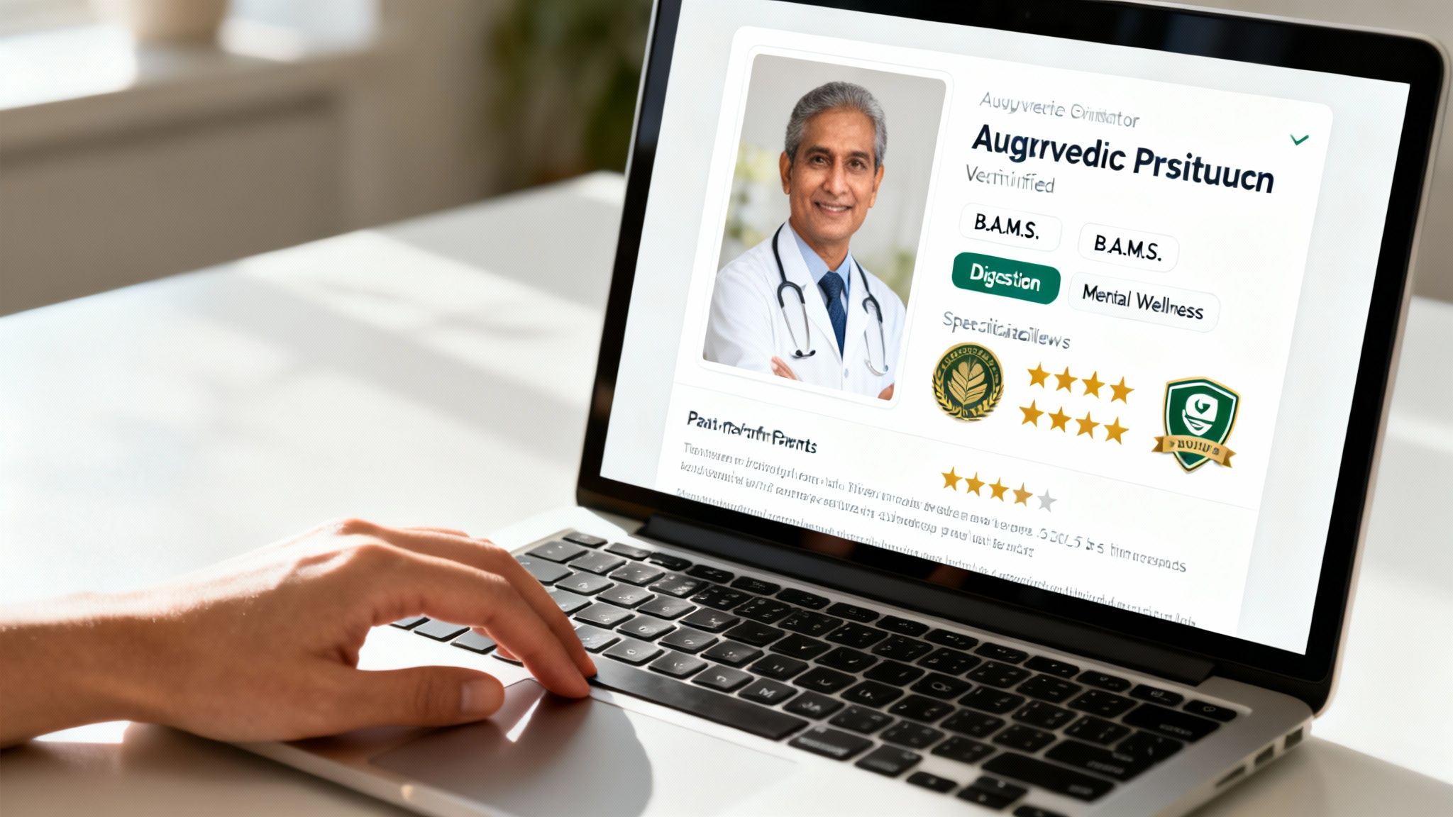 A person's hand browsing an Ayurvedic doctor's online profile on a laptop screen.