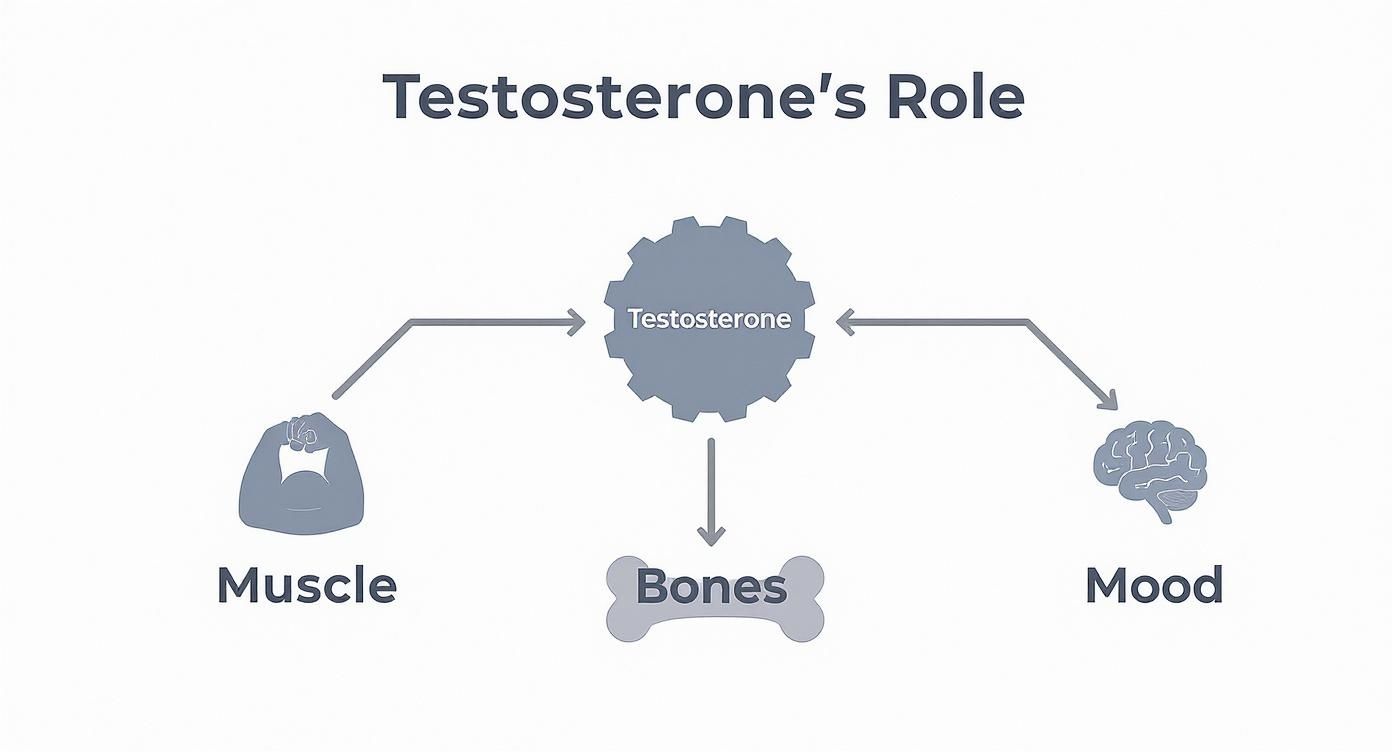 Infographic showing the role of testosterone, linking it to muscle, bones, and mood.
