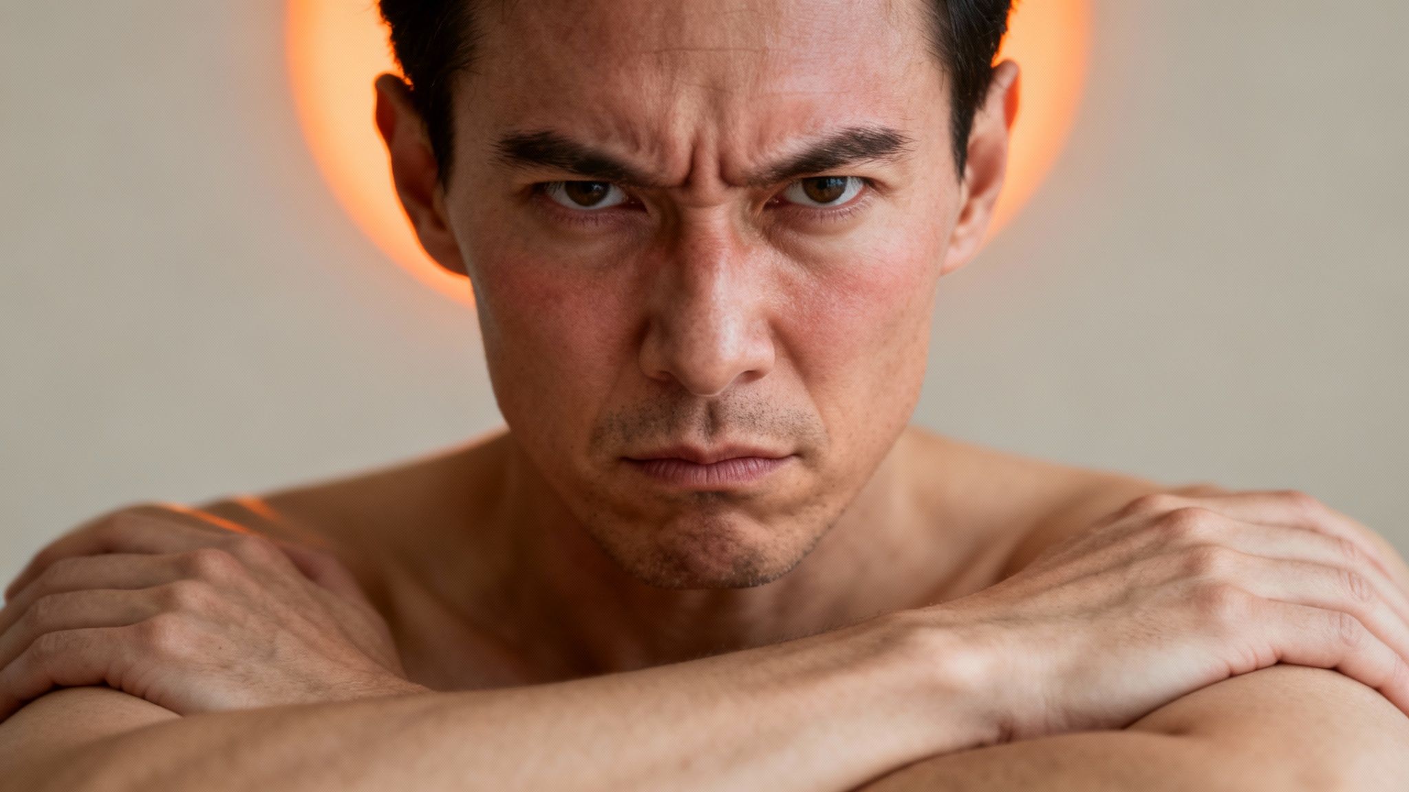 A close-up of a man with an intense, angry expression, red flushed face, and crossed arms.