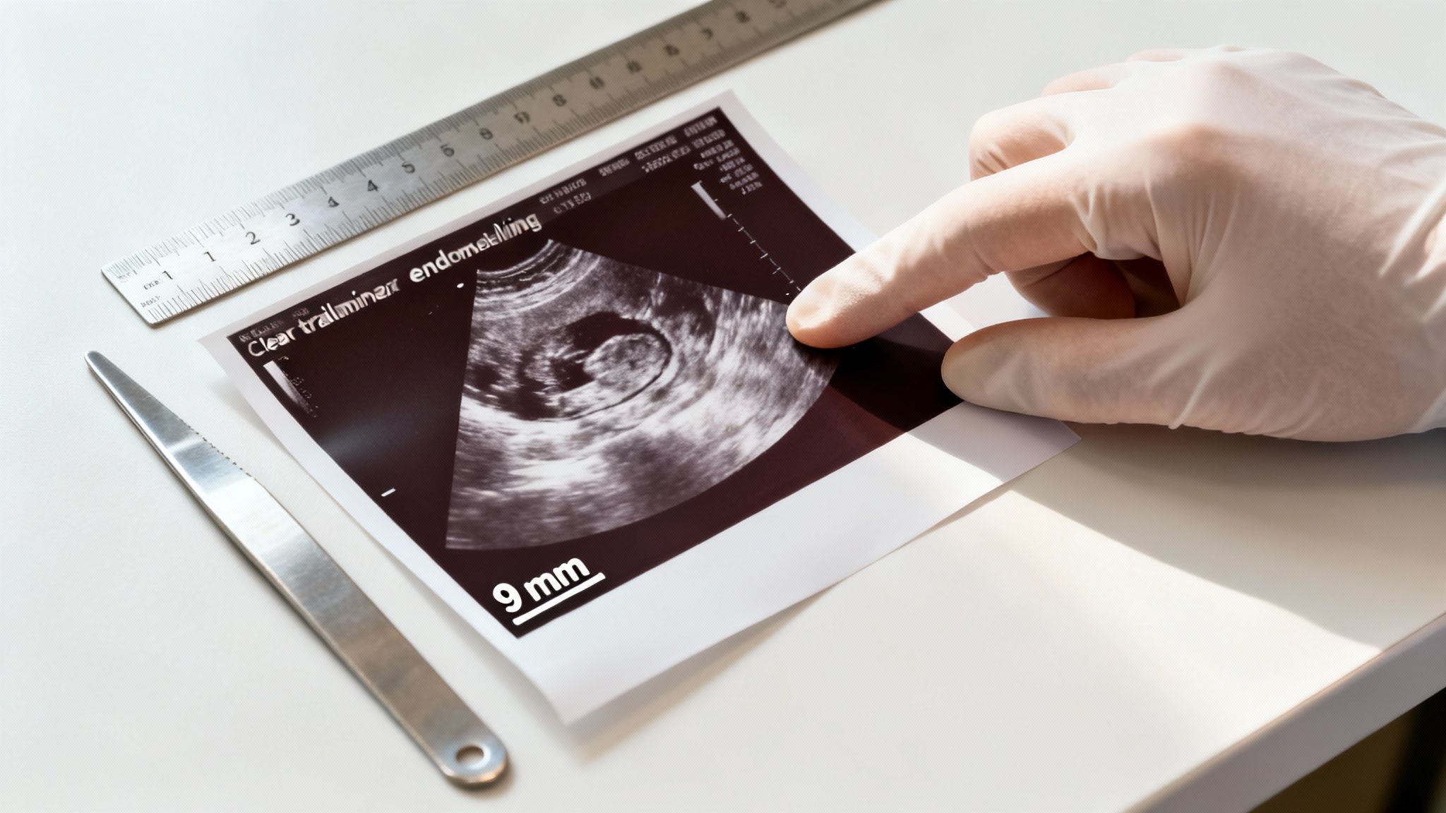 A gloved hand points to a fetal ultrasound scan showing a 9mm embryo, alongside medical tools.