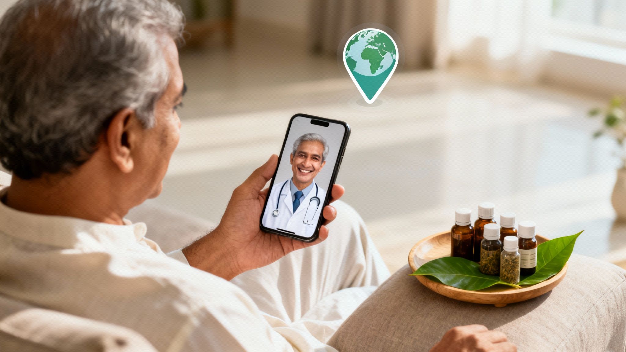 Senior man engages in a virtual doctor consultation on his phone, with Ayurvedic remedies.