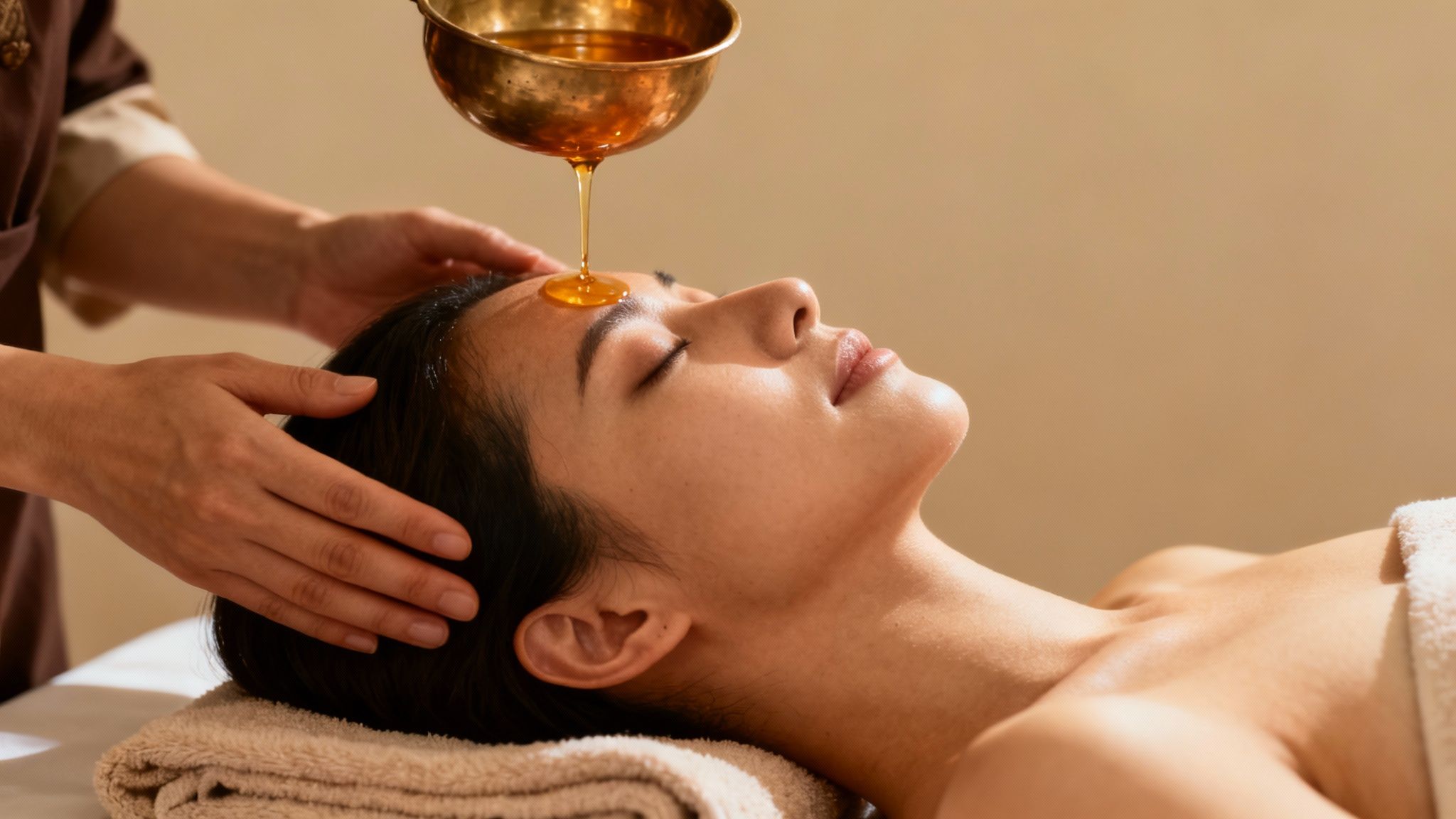 Calm woman receiving traditional Ayurvedic Shirodhara treatment, warm oil pouring onto her forehead for relaxation.