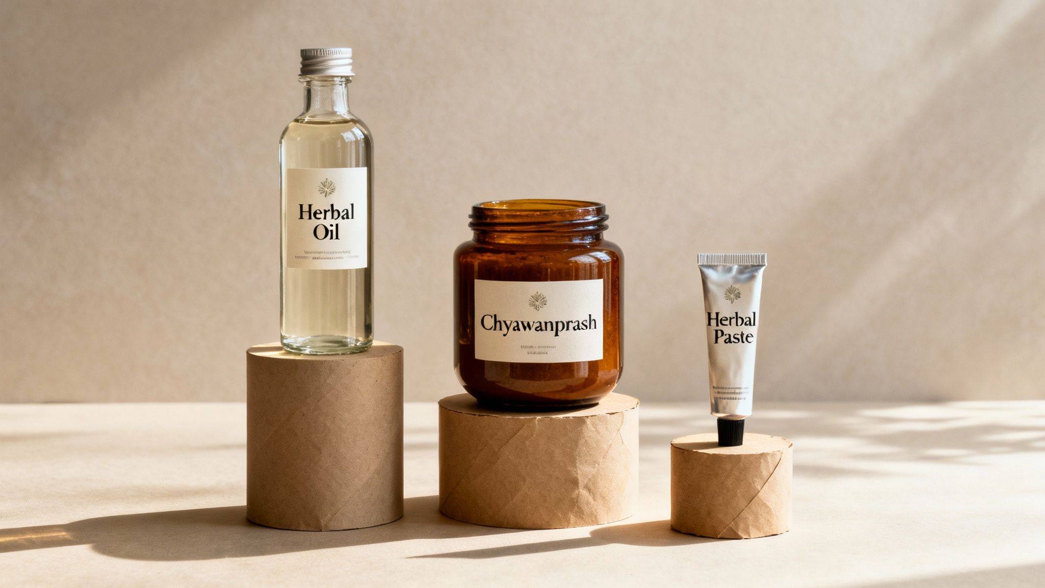 Three Ayurvedic products: herbal oil, chyawanprash, and herbal paste on natural risers.