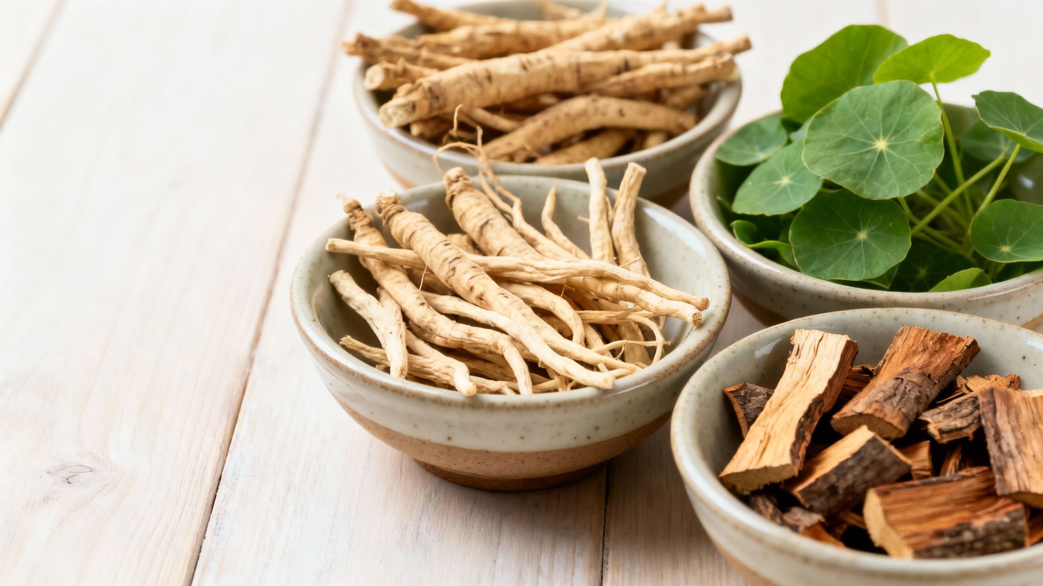 Four bowls containing traditional herbal ingredients like ginseng roots, Gotu Kola, and wood chips.