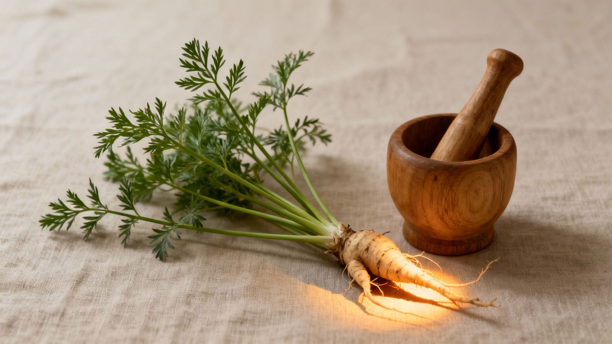 Fresh herbal root and green leaves next to a wooden mortar and pestle.